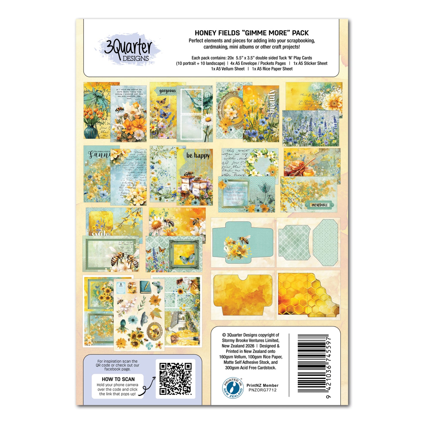 Reverse side of Honey Fields Gimme More Pack showing all contents with mixed patterns including sage damask, honey watercolour and honeycomb designs on card backs 