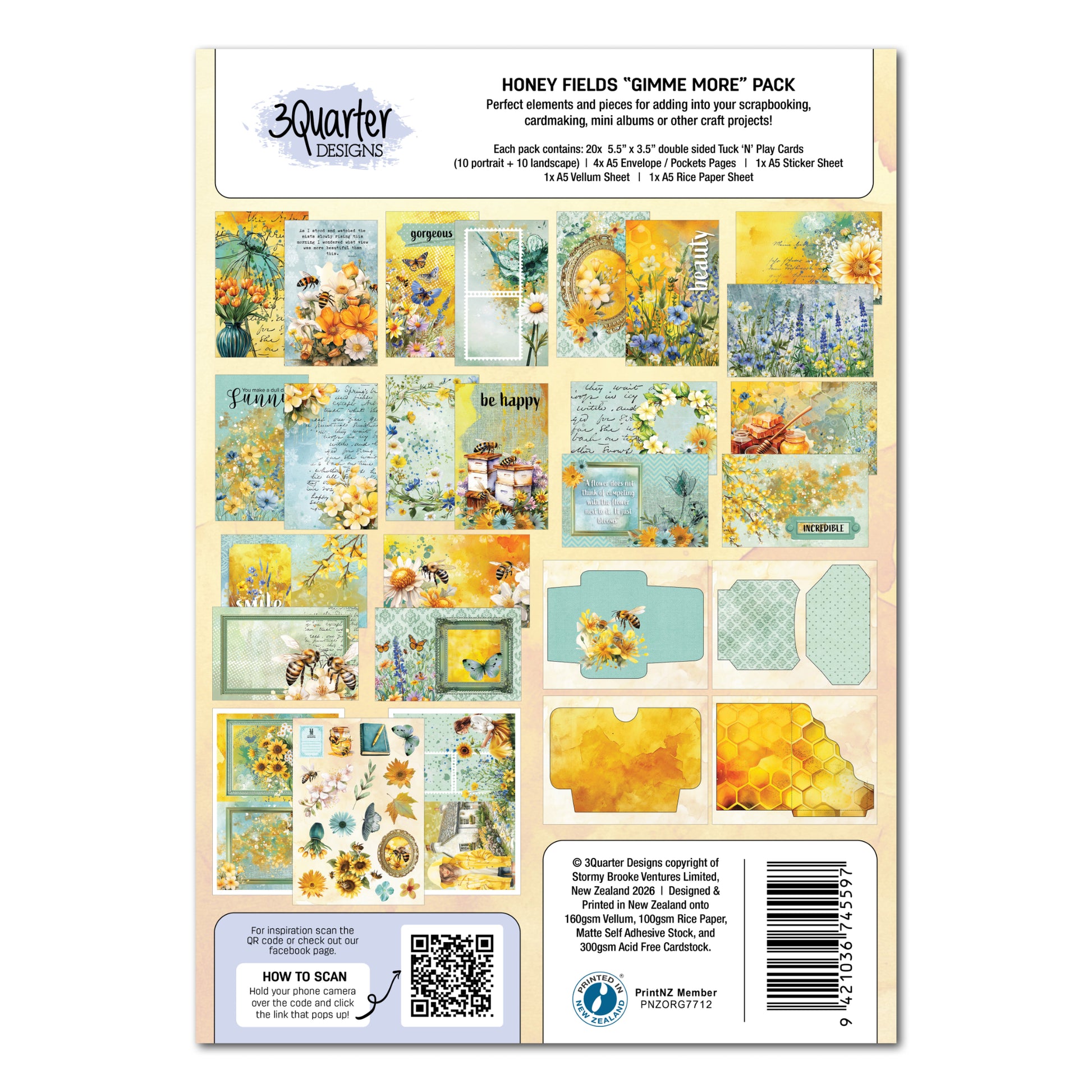 Reverse side of Honey Fields Gimme More Pack showing all contents with mixed patterns including sage damask, honey watercolour and honeycomb designs on card backs 