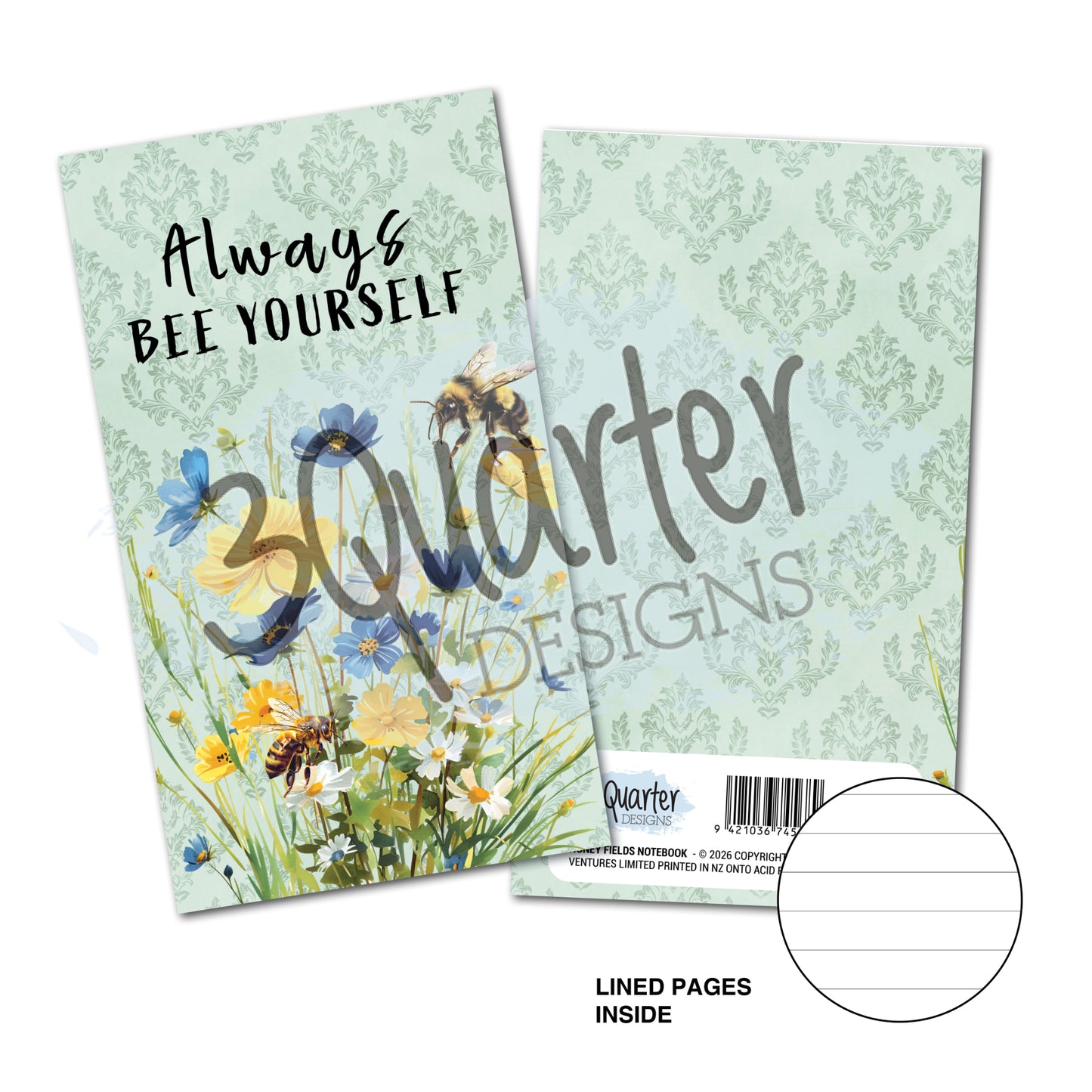 Honey Fields mini notebook by 3Quarter Designs featuring Always Bee Yourself sentiment with watercolour wildflowers, bees and sage damask pattern, showing lined pages inside