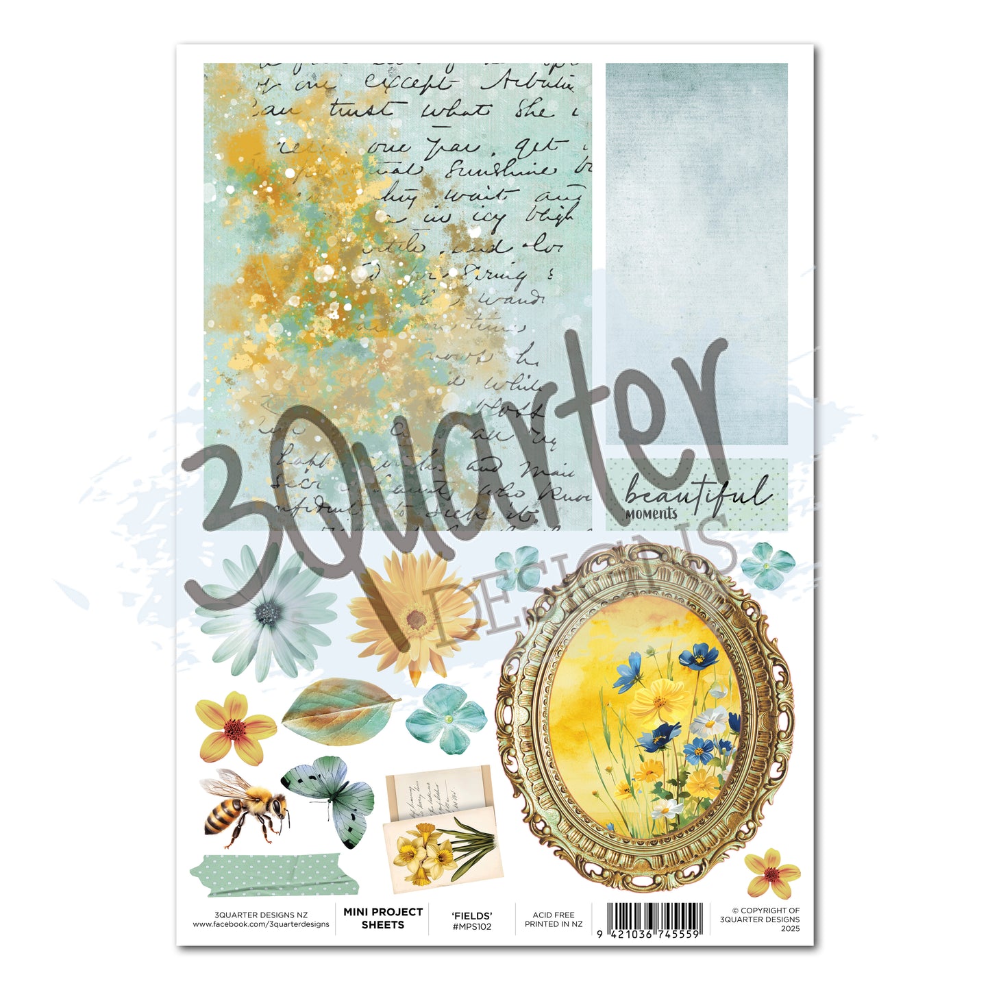 Honey Fields Mini Project Sheet A4 by 3Quarter Designs featuring watercolour floral background panel, ornate gold frame with wildflower meadow, and fussy-cut embellishments including bees, butterflies, sunflowers and beautiful moments sentiment