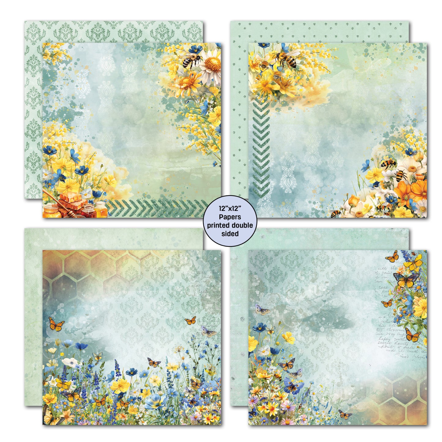 Four double-sided 12x12 papers from Honey Fields kit showing watercolour florals with bees, honey jars with chevron pattern, wildflower meadow with butterflies and sage damask with floral corners