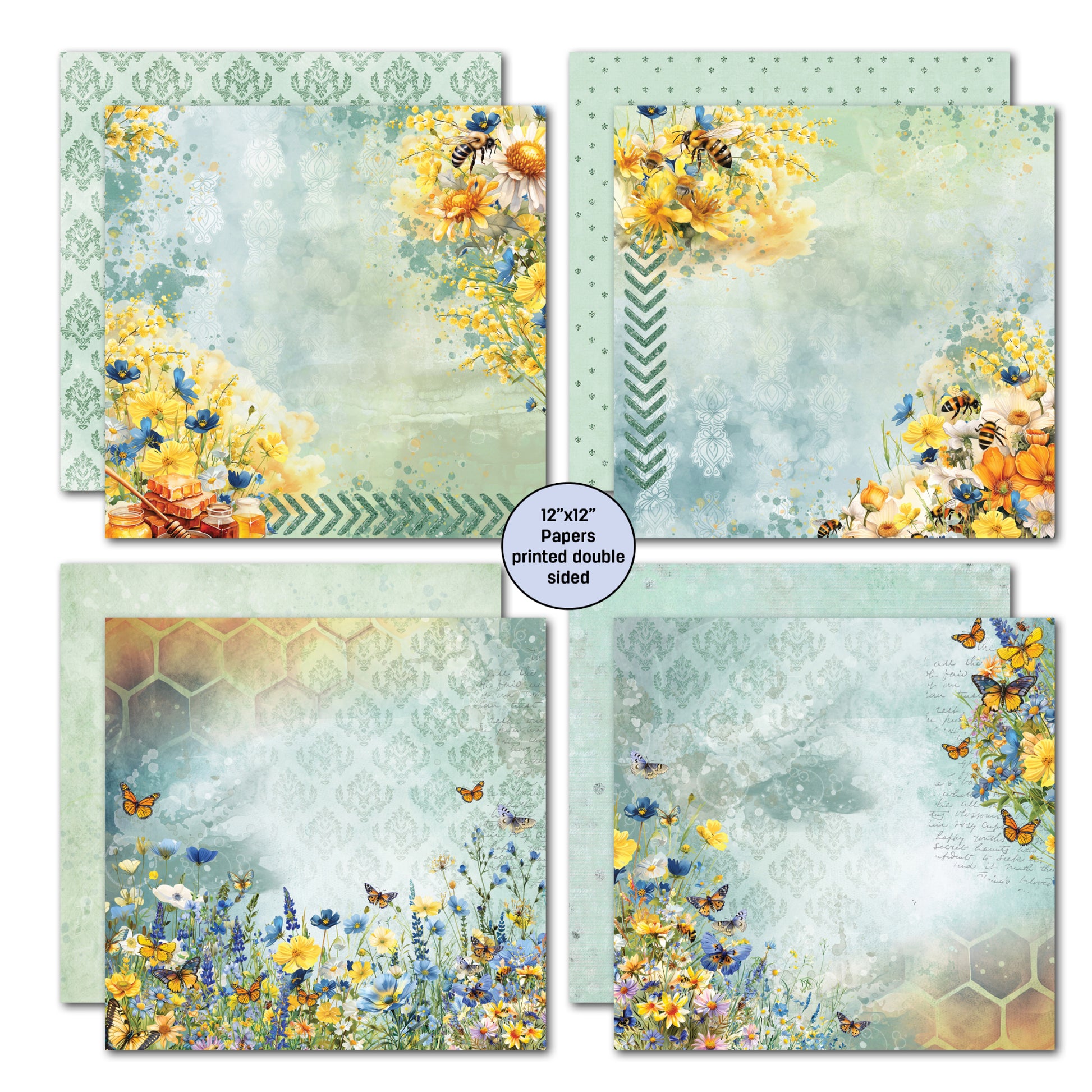 Four double-sided 12x12 papers from Honey Fields kit showing watercolour florals with bees, honey jars with chevron pattern, wildflower meadow with butterflies and sage damask with floral corners