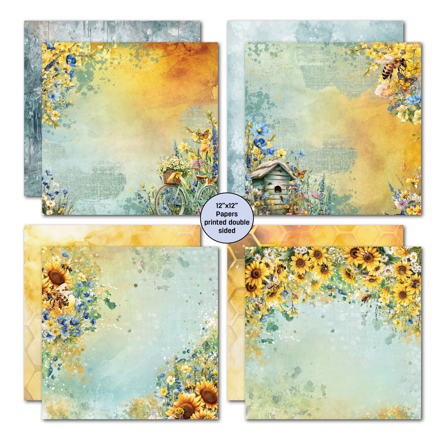 Four double-sided 12x12 papers from Honey Fields kit featuring vintage bicycle with flowers, birdhouse with wildflowers, sunflower borders on watercolour backgrounds