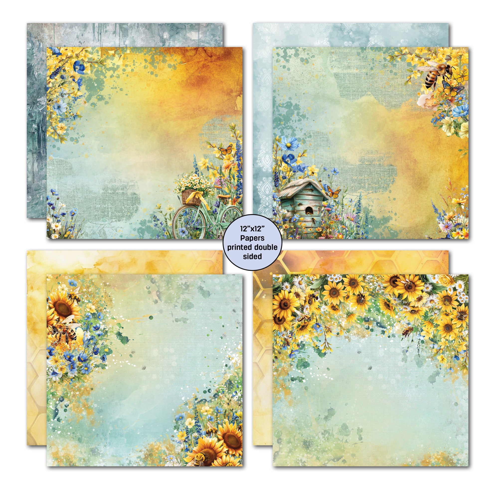 Four double-sided 12x12 papers from Honey Fields kit featuring vintage bicycle with flowers, birdhouse with wildflowers, sunflower borders on watercolour backgrounds