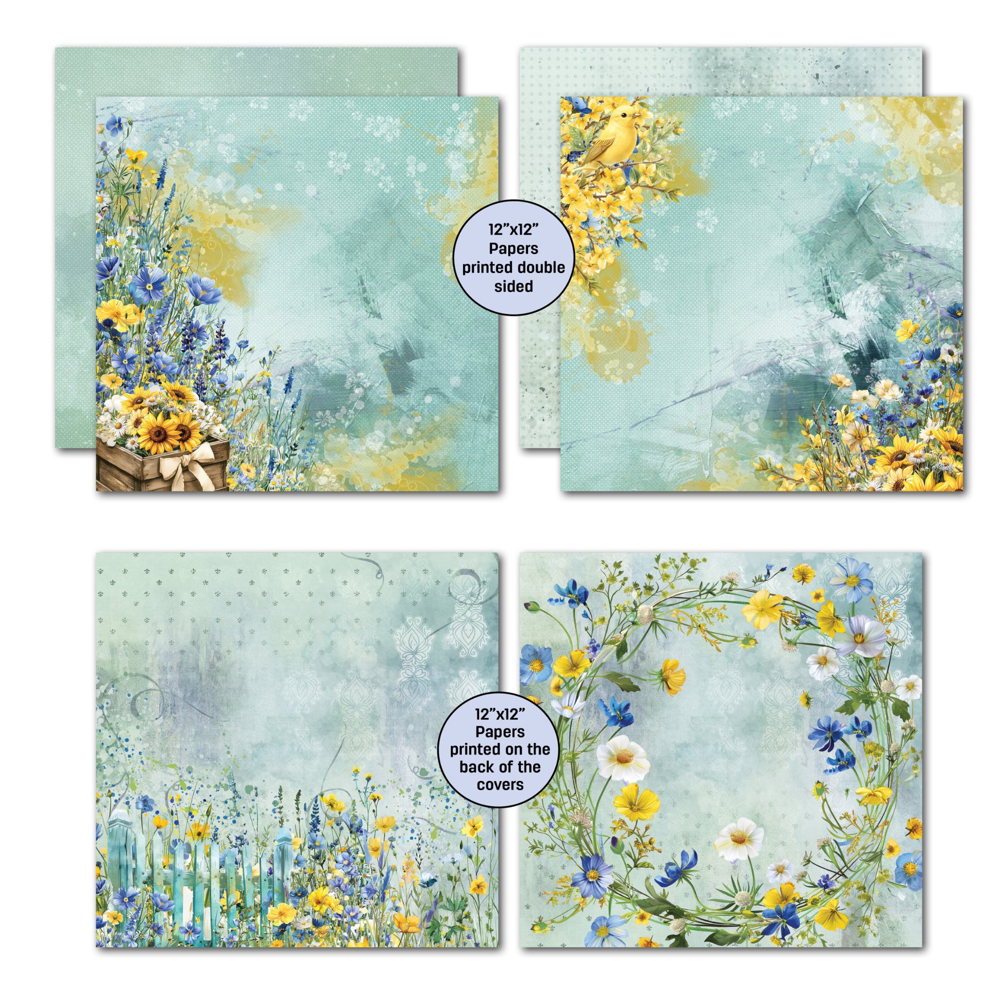 Four double-sided 12x12 papers from Honey Fields kit showing yellow bird with florals, soft watercolour backgrounds with sage and golden tones, wildflower sprays and honeycomb patterns