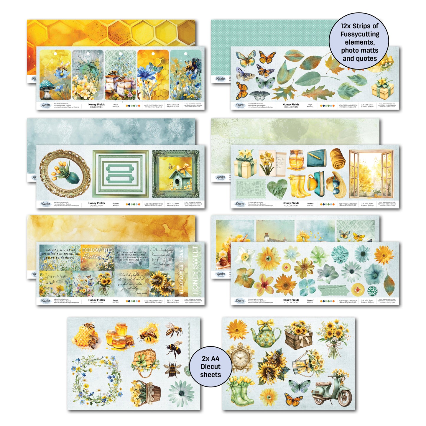 Honey Fields kit extras showing 12 fussy-cut strips with photo mats, butterflies, eucalyptus, honey jars, garden elements and sentiments, plus 2 A4 die-cut sheets with bees, sunflowers, wreaths, vintage scooter and watering can 