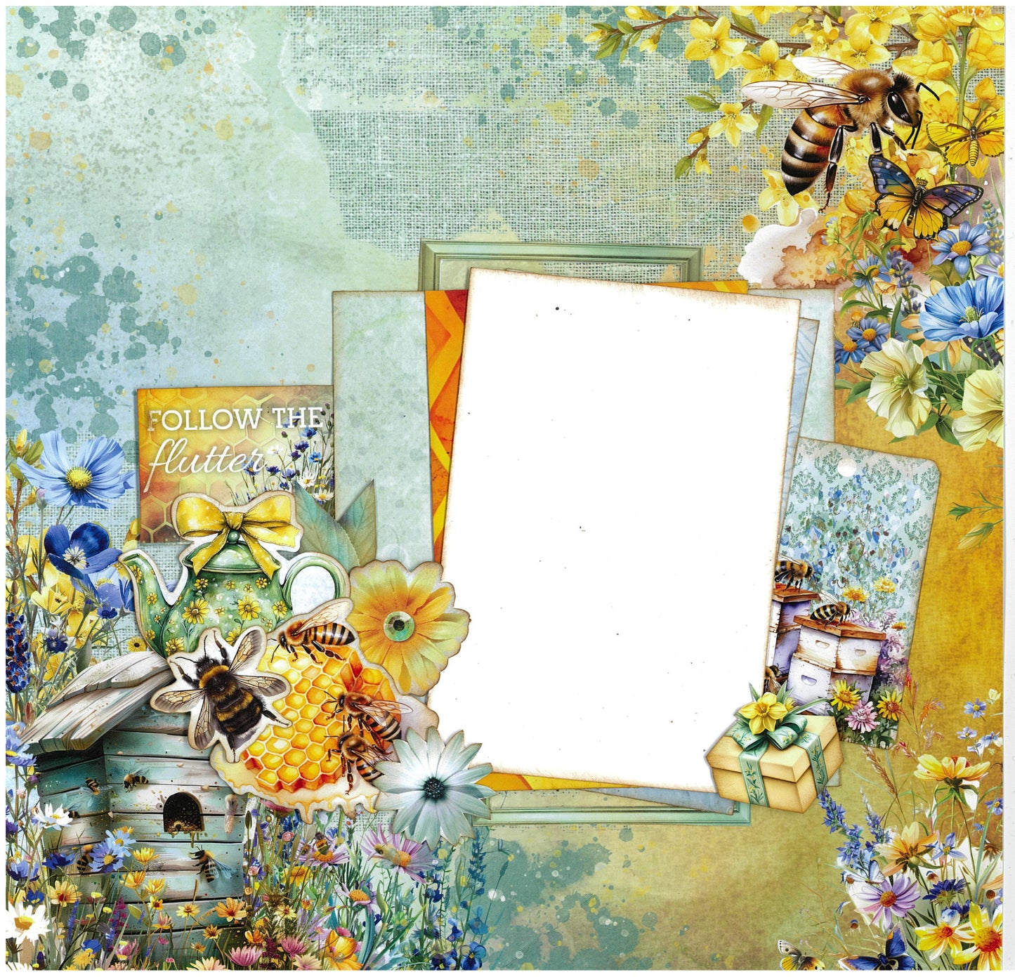 Honey Fields 12x12 scrapbook layout sample featuring sage and golden watercolour backgrounds with layered photo mats, birdhouse with wildflowers, bees, butterflies, teapot, honeycomb, Follow the flutter sentiment and yellow gift box embellishments