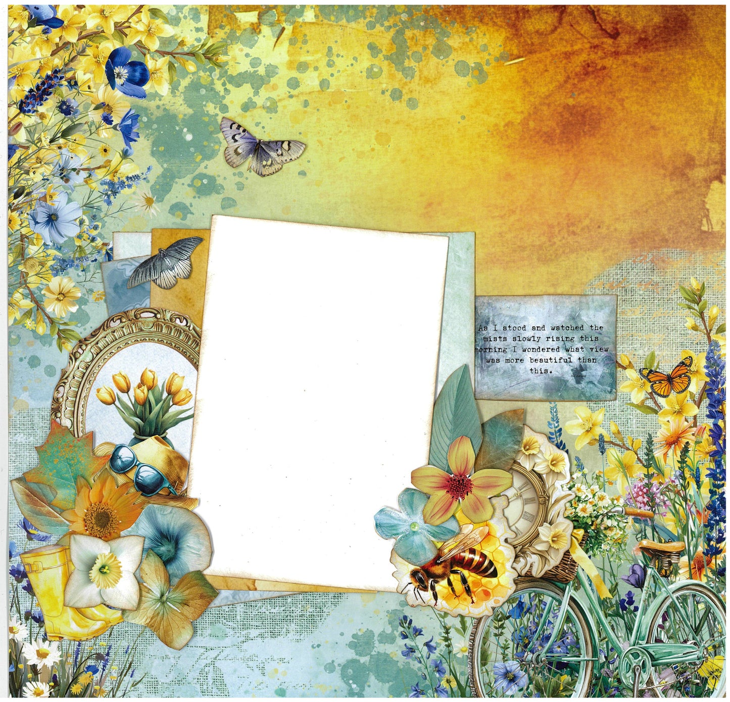 Honey Fields 12x12 scrapbook layout sample featuring golden and sage watercolour backgrounds with layered photo mat, vintage frame with yellow tulips, butterflies, bees, vintage bicycle with wildflowers, sunglasses and inspirational quote text