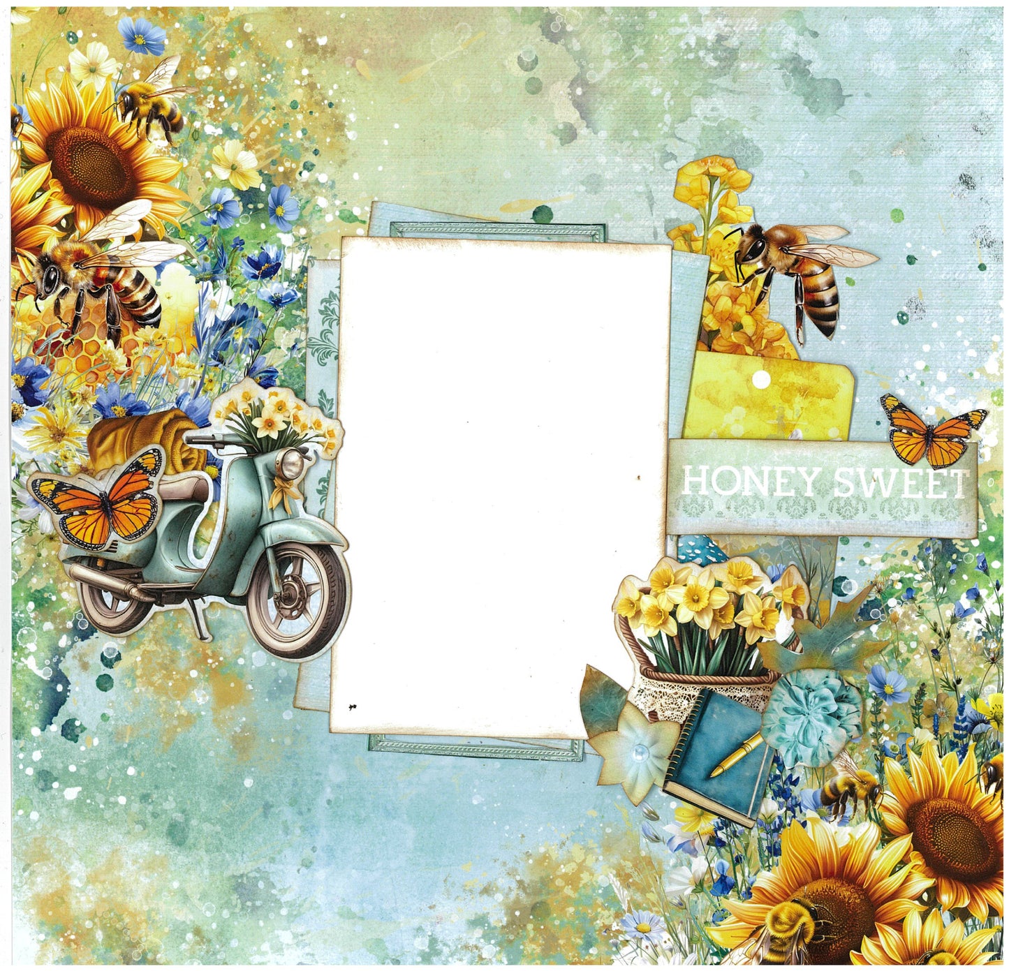 Honey Fields 12x12 scrapbook layout sample featuring sage and golden watercolour backgrounds with layered photo mat, vintage scooter, bees on honeycomb, butterflies, sunflowers, daffodils in basket, Honey Sweet sentiment and journal embellishments 
