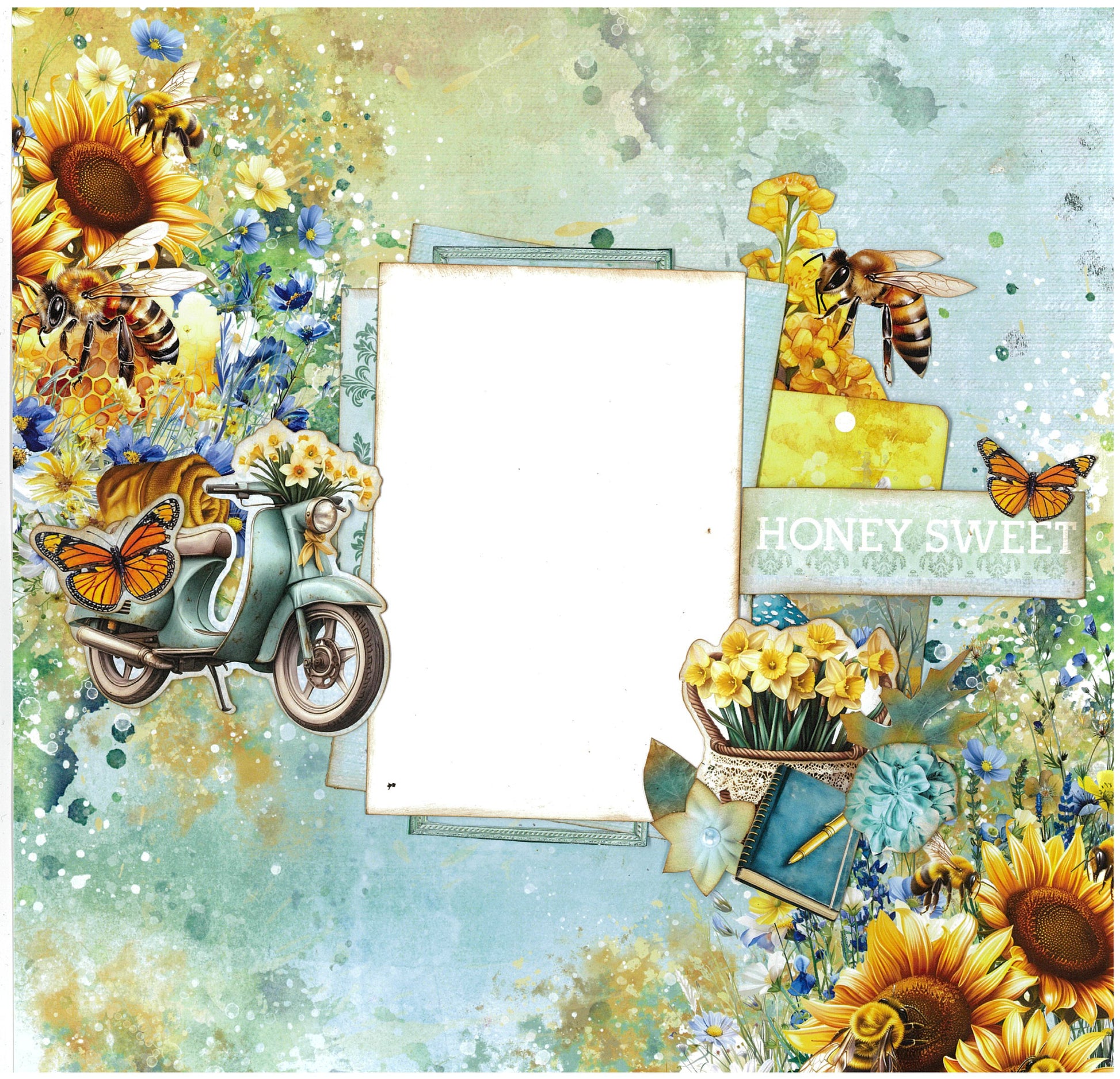 Honey Fields 12x12 scrapbook layout sample featuring sage and golden watercolour backgrounds with layered photo mat, vintage scooter, bees on honeycomb, butterflies, sunflowers, daffodils in basket, Honey Sweet sentiment and journal embellishments 