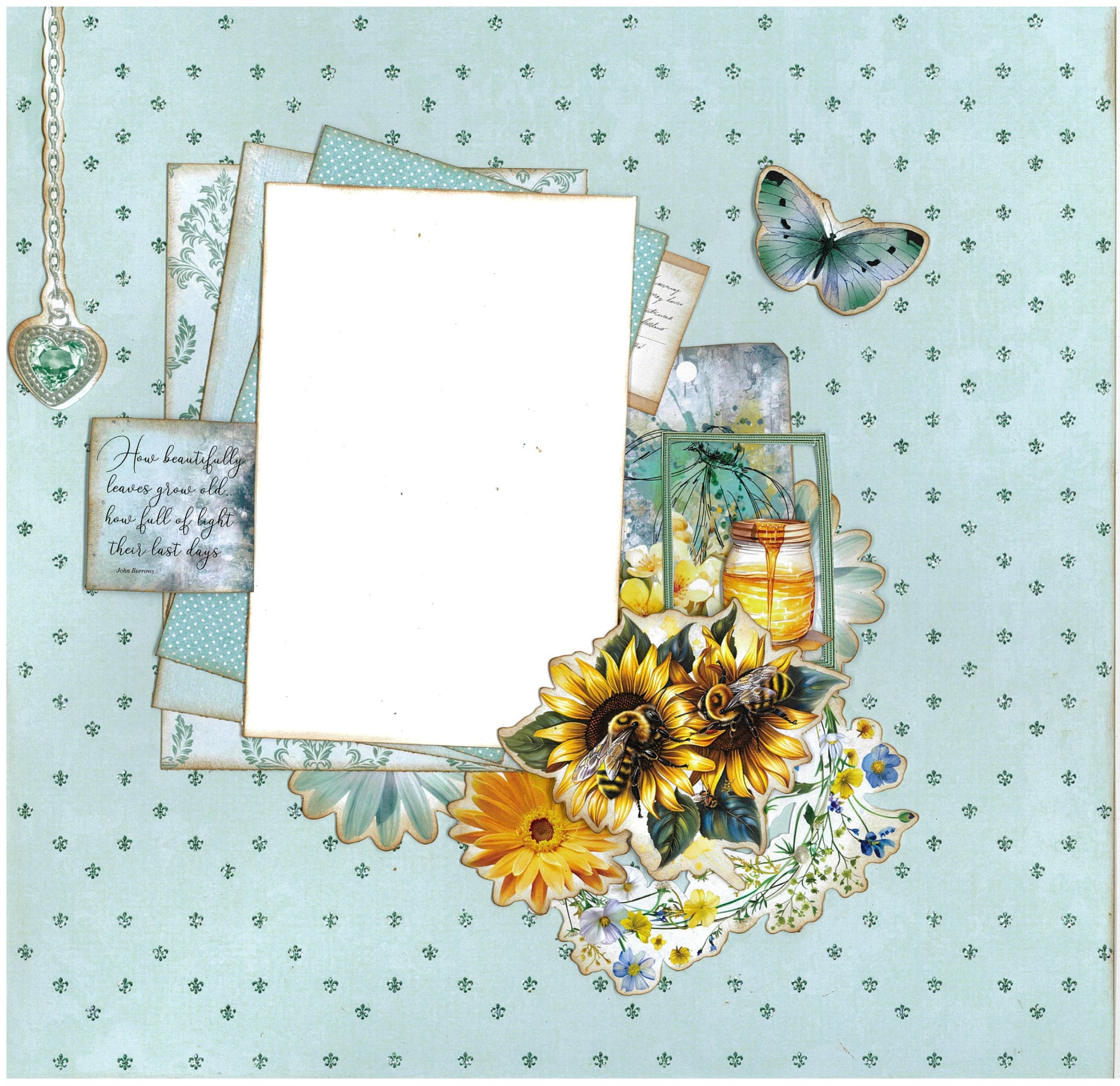 Honey Fields 12x12 scrapbook layout sample featuring sage damask background with layered photo mats, sunflowers with bees, butterfly, honey jars, heart locket, wildflower clusters and How beautifully leaves grow old inspirational quote 