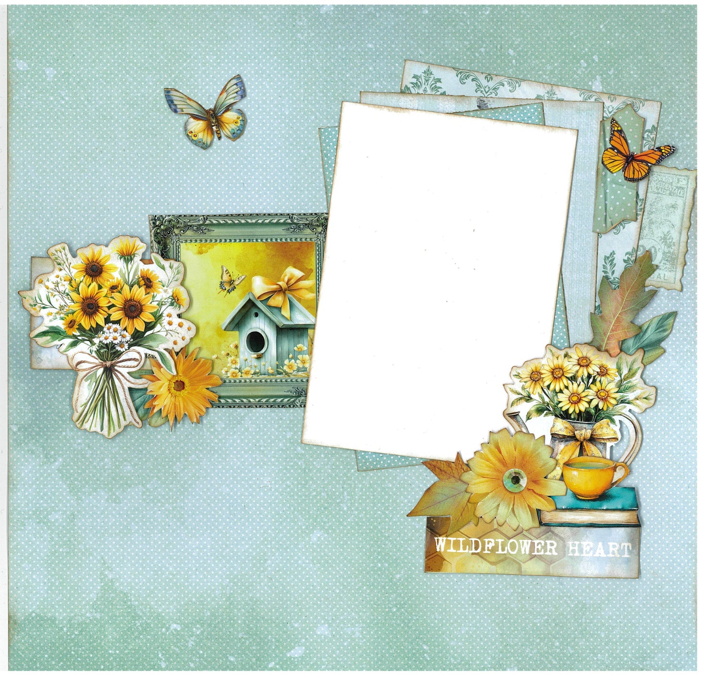 Honey Fields 12x12 scrapbook layout sample featuring sage polka dot background with layered photo mats, vintage frame with birdhouse, sunflower bouquet with ribbon, butterflies, yellow teacup on stacked books and Wildflower Heart sentiment