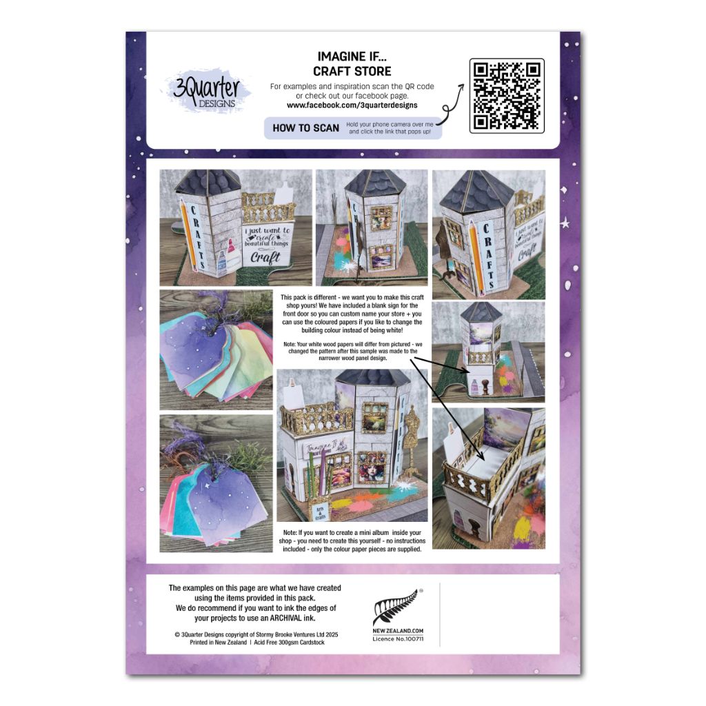 Back cover of the 3Quarter Lane Imagine If Craft Store kit showing multiple assembly angles, coloured paper options for customising the building colour, kit contents including chipboard pieces and A4 papers, and mini album inspiration