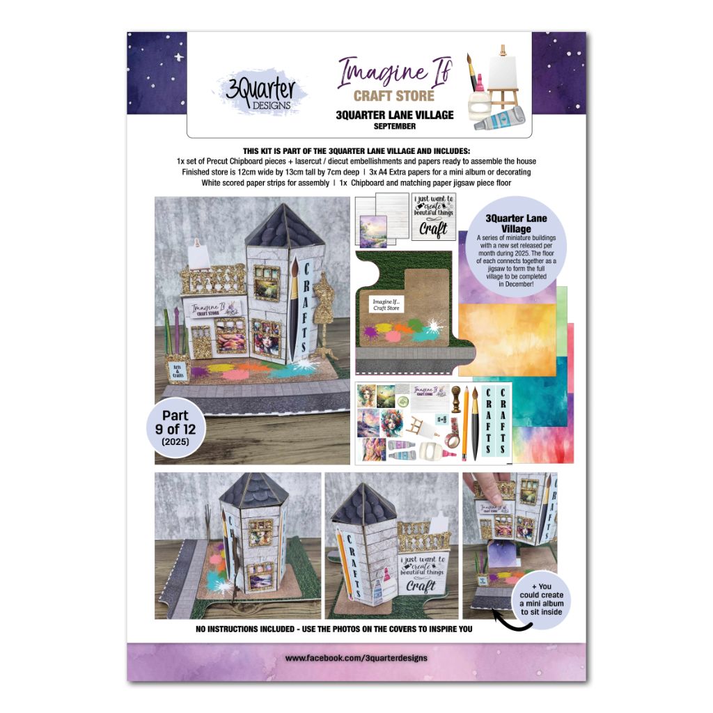 Front cover of the 3Quarter Lane Imagine If Craft Store kit showing the assembled miniature craft shop with white wood panel walls, dark hexagonal tower roof, Imagine If Craft Store signage, large display window, paint splash base board, easel, and pencil and paintbrush die-cuts
