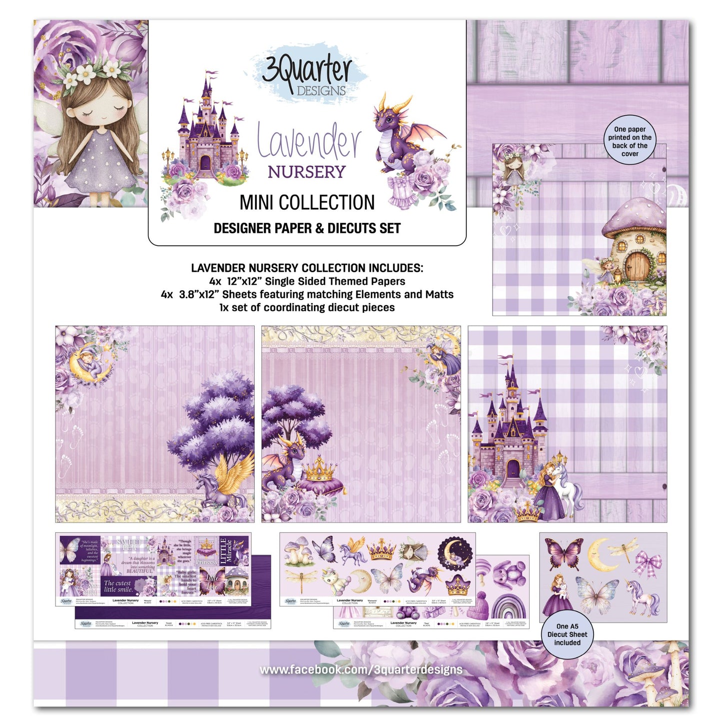 3Quarter Designs Lavender Nursery Mini Scrapbook Collection Kit cover showing pack contents including 12x12 papers, offcut strips and die-cut sheet in lavender purple with princess, dragon, unicorn and fairy designs
