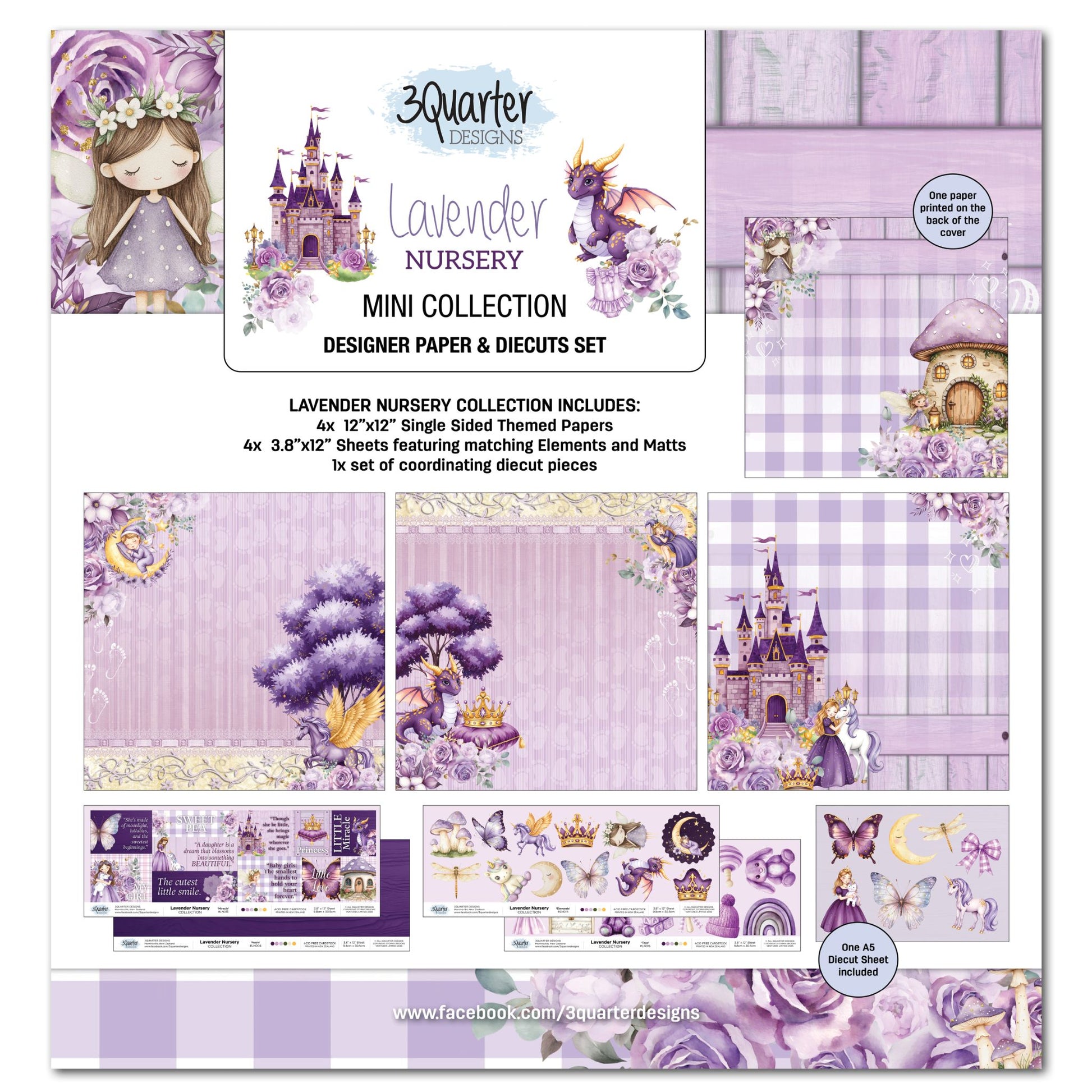 3Quarter Designs Lavender Nursery Mini Scrapbook Collection Kit cover showing pack contents including 12x12 papers, offcut strips and die-cut sheet in lavender purple with princess, dragon, unicorn and fairy designs