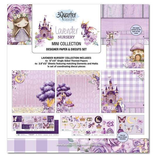 3Quarter Designs Lavender Nursery Mini Scrapbook Collection Kit cover showing pack contents including 12x12 papers, offcut strips and die-cut sheet in lavender purple with princess, dragon, unicorn and fairy designs