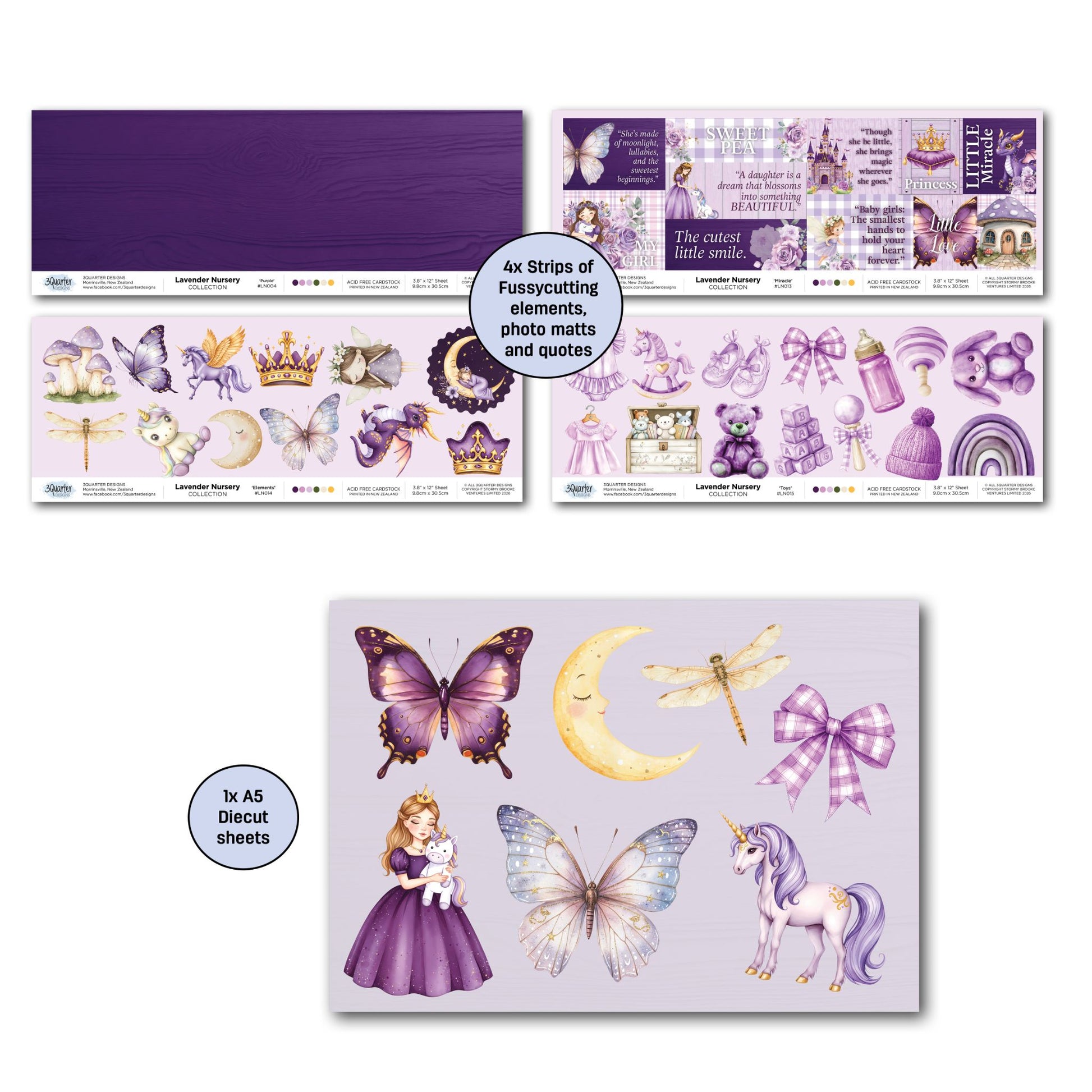 3Quarter Designs Lavender Nursery kit extras showing four 3.8x12 offcut strips with purple solid, quotes, elements and toys, plus A5 die-cut sheet with butterfly, moon, princess, unicorn and dragonfly