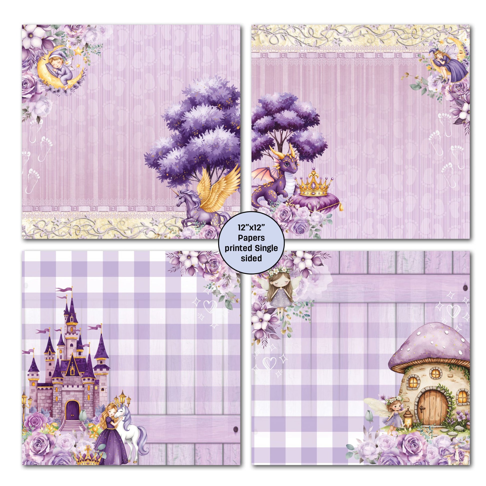 3Quarter Designs Lavender Nursery four 12x12 single-sided papers showing sleeping angel with moon, purple dragon and golden pegasus, princess and unicorn with lavender castle, and fairy with mushroom house on lavender gingham