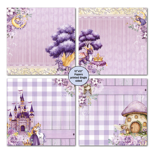 3Quarter Designs Lavender Nursery four 12x12 single-sided papers showing sleeping angel with moon, purple dragon and golden pegasus, princess and unicorn with lavender castle, and fairy with mushroom house on lavender gingham