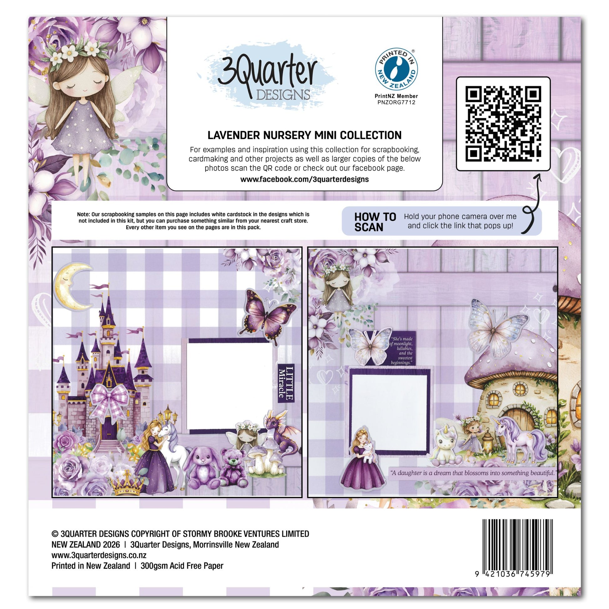 3Quarter Designs Lavender Nursery Mini Scrapbook Collection Kit reverse showing two sample double page scrapbook layouts featuring castle, fairy, mushroom house, butterfly and unicorn designs in lavender purple