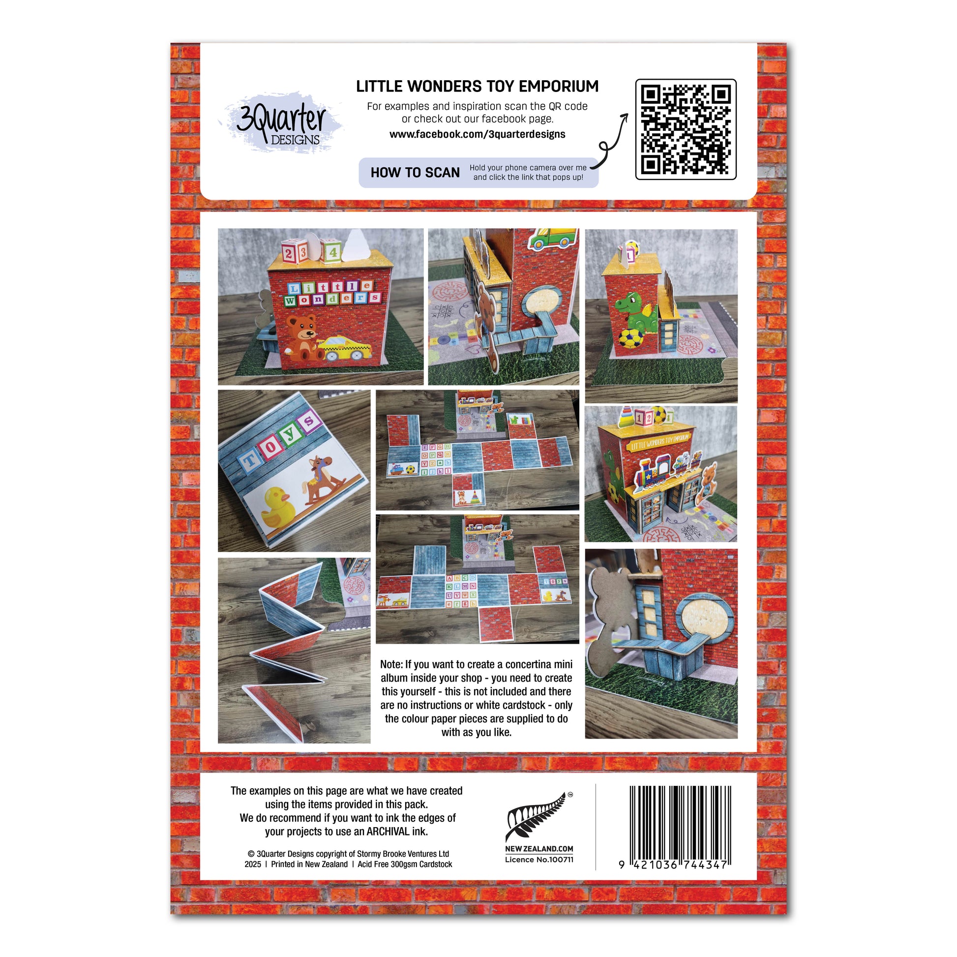 3Quarter Designs Little Wonders Toy Emporium kit back cover showing assembly inspiration photos, contents list, and 3Quarter Lane Village examples
