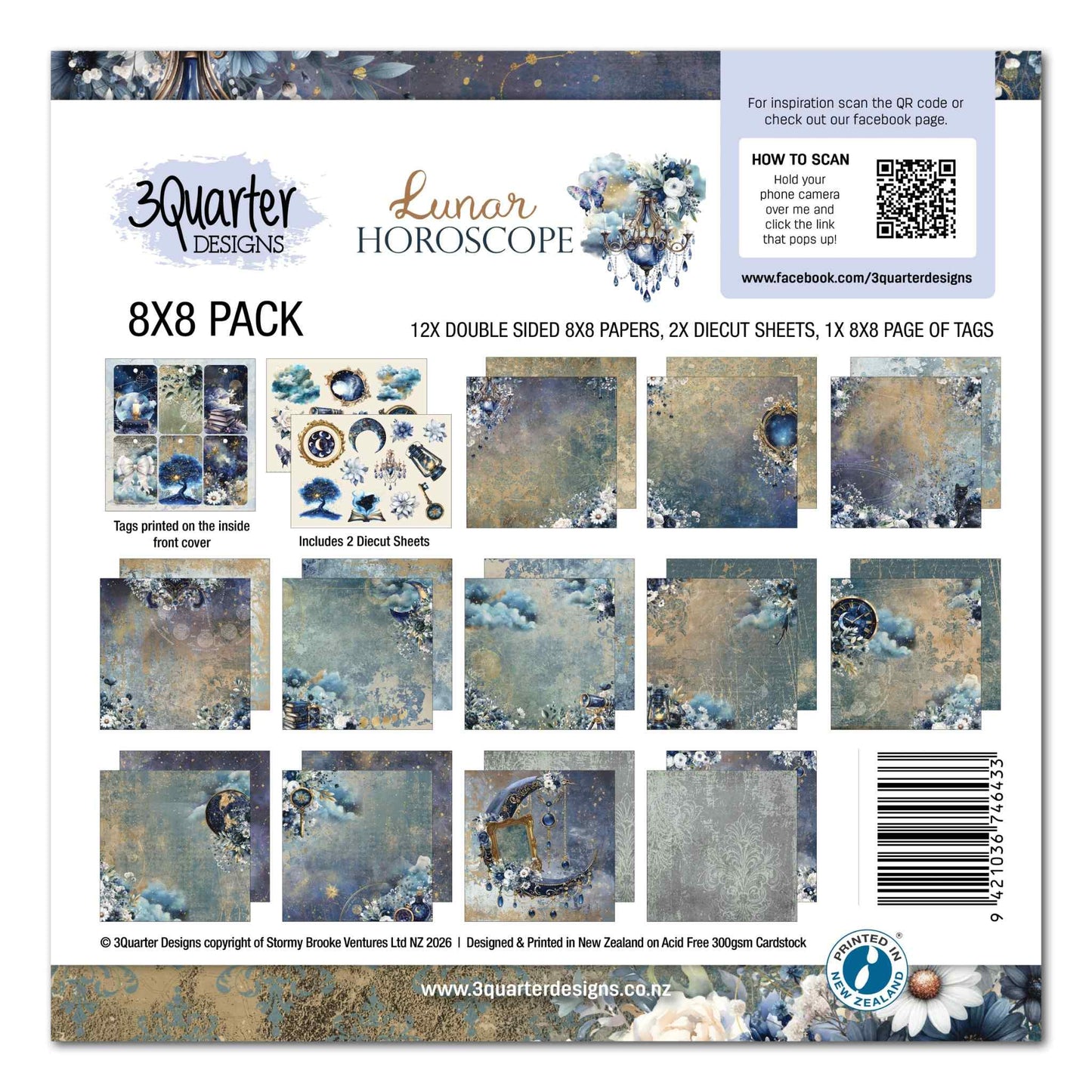 Lunar Horoscopes 8x8 Paper Pack showing 12 double-sided papers, 2 die-cut sheets and tags page in blue and gold celestial palette