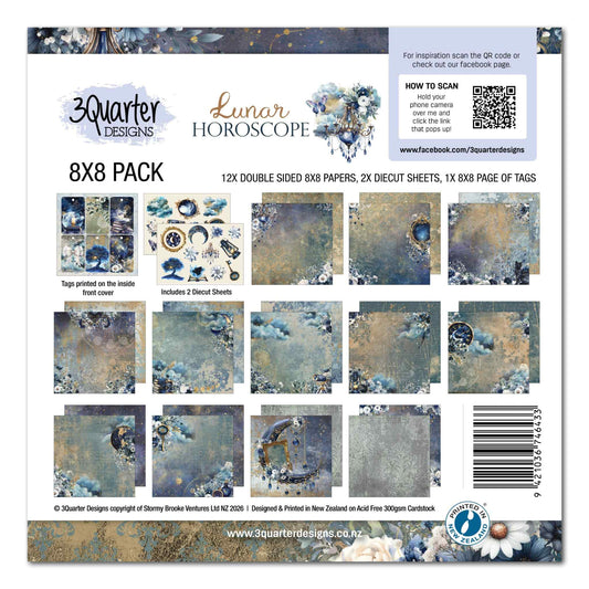 Lunar Horoscopes 8x8 Paper Pack showing 12 double-sided papers, 2 die-cut sheets and tags page in blue and gold celestial palette
