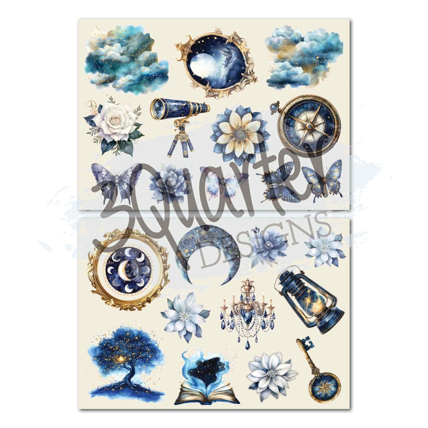 Lunar Horoscopes die-cut sheets with clouds, framed moon, telescope, white rose, compass, butterflies, crescent moon, chandelier, lantern, glowing tree, open book and compass key
