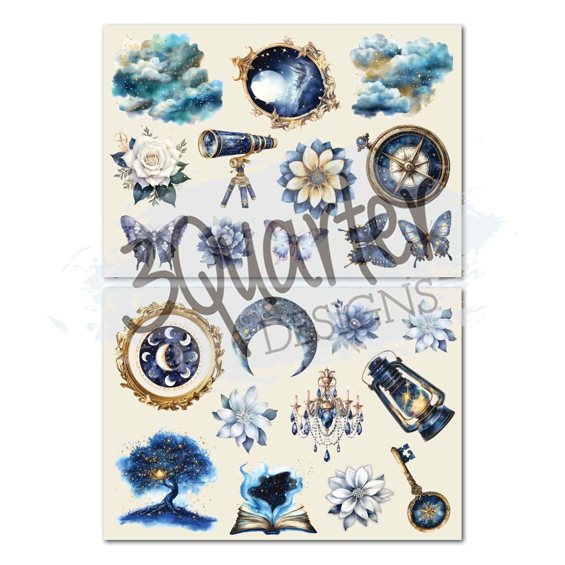 Lunar Horoscopes die-cut sheets with clouds, framed moon, telescope, white rose, compass, butterflies, crescent moon, chandelier, lantern, glowing tree, open book and compass key