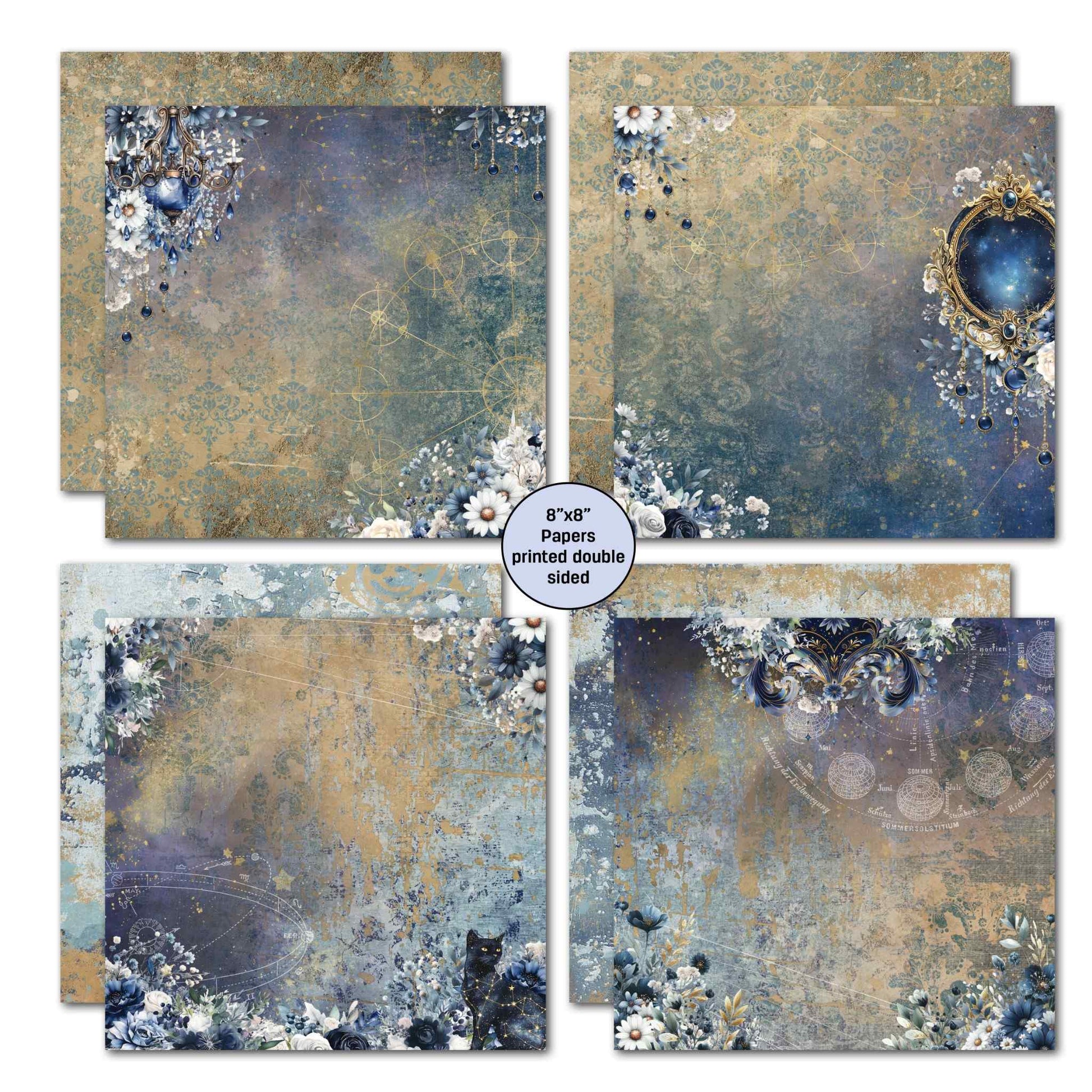 Lunar Horoscopes 8x8 double-sided papers with chandelier, gold mirror, black cat and constellation designs on blue-gold textured backgrounds