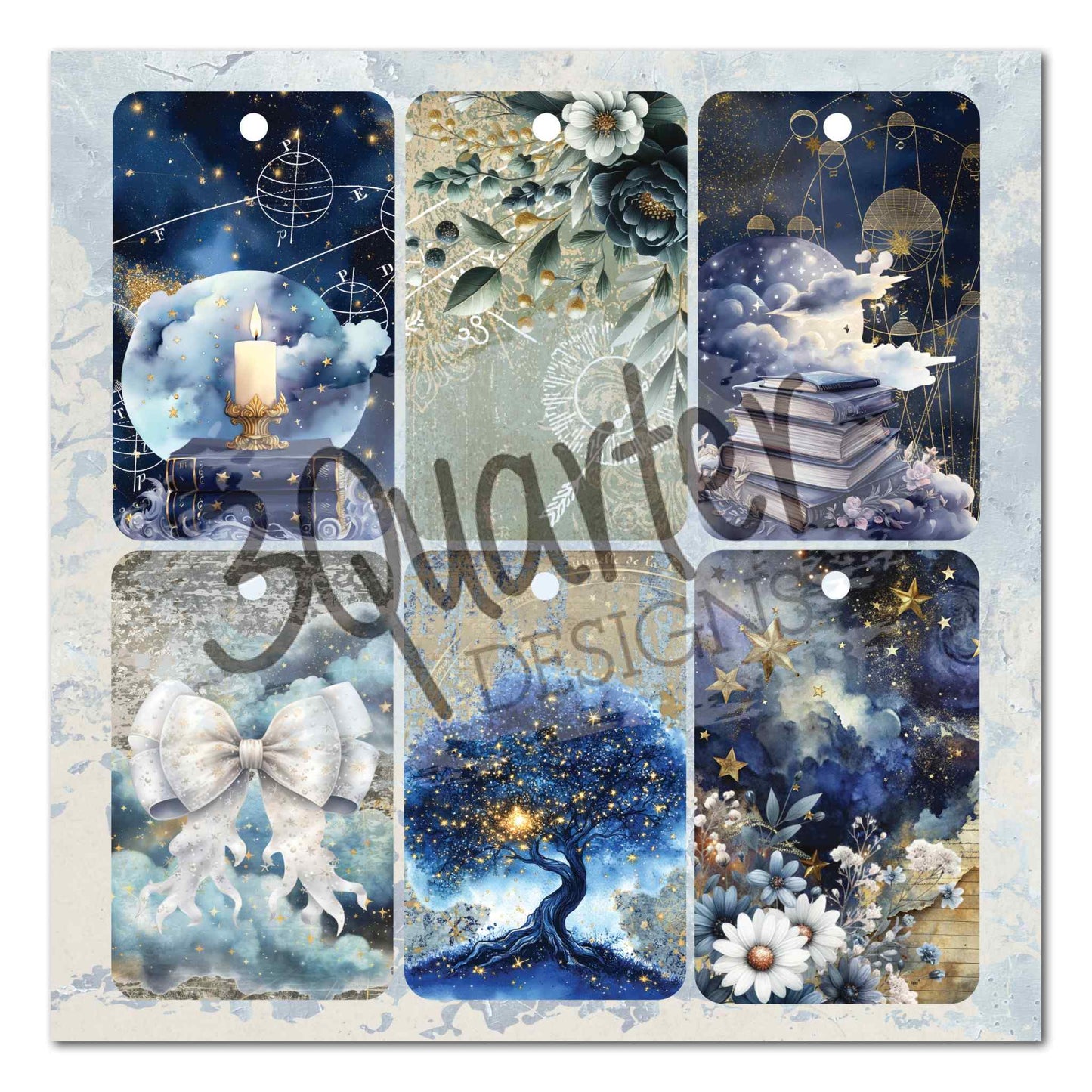 Lunar Horoscopes tags showing 6 portrait tags with candle, floral, stacked books, bow, glowing tree and starry night designs