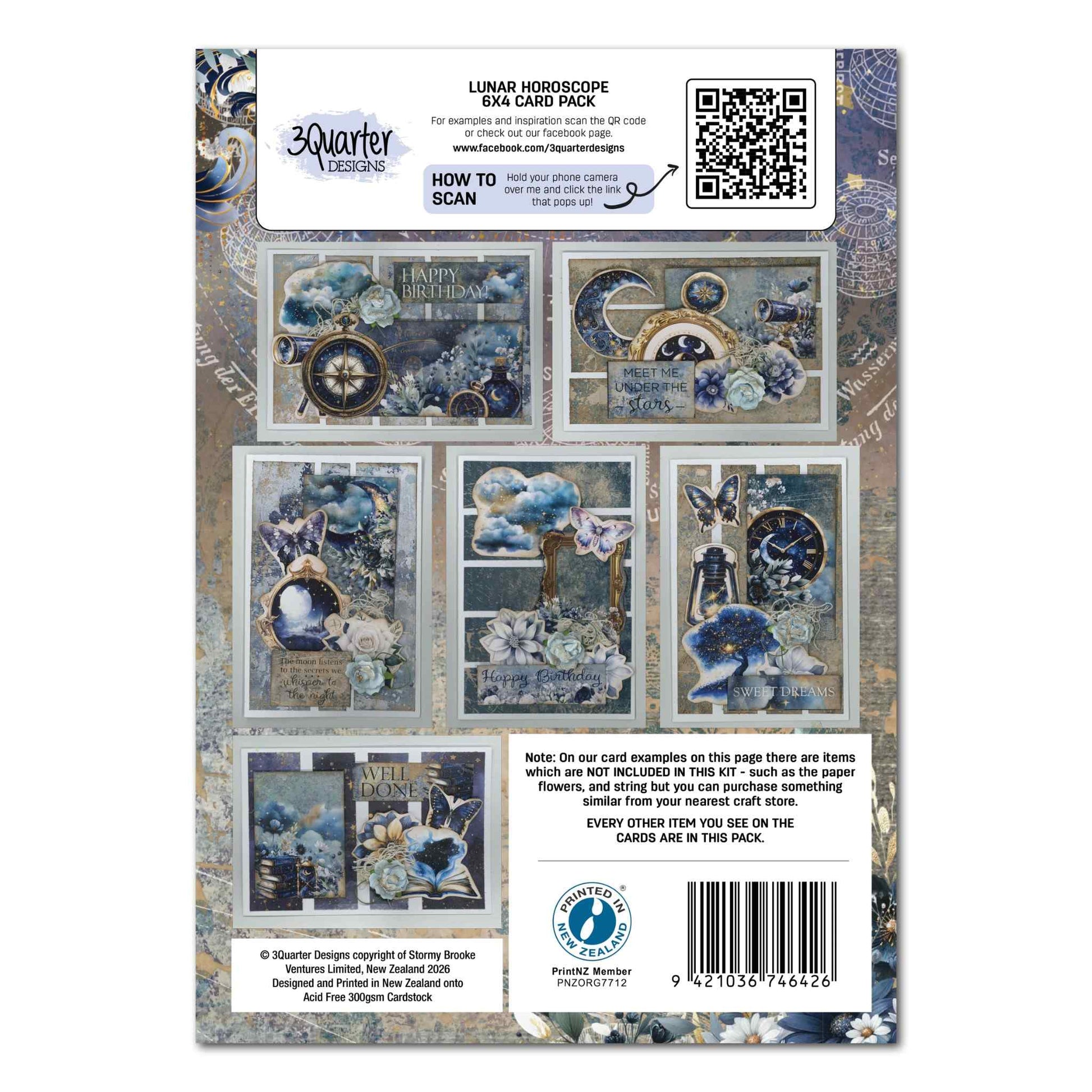 Lunar Horoscopes 6x4 Card Kit back showing 6 completed card examples with Happy Birthday, Meet Me Under The Stars and Well Done sentiments