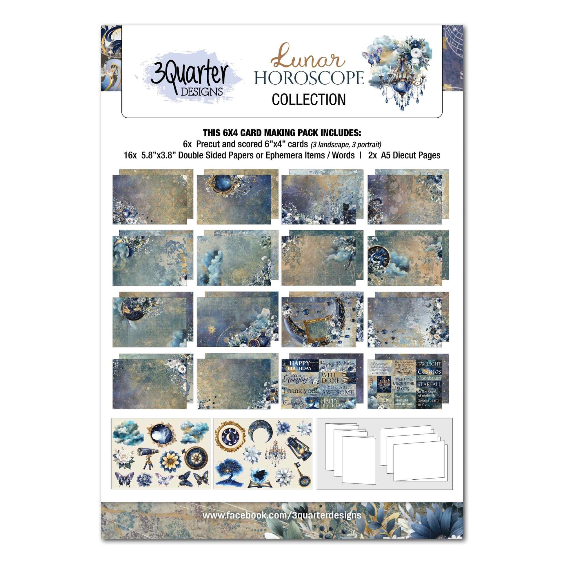 Lunar Horoscopes 6x4 Card Kit cover showing 16 double-sided papers, sentiments, die-cut sheets and 6 pre-scored cards in blue and gold