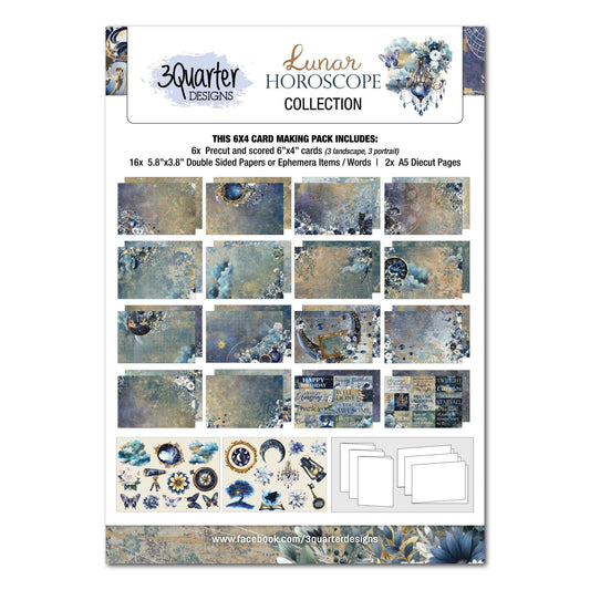 Lunar Horoscopes 6x4 Card Kit cover showing 16 double-sided papers, sentiments, die-cut sheets and 6 pre-scored cards in blue and gold