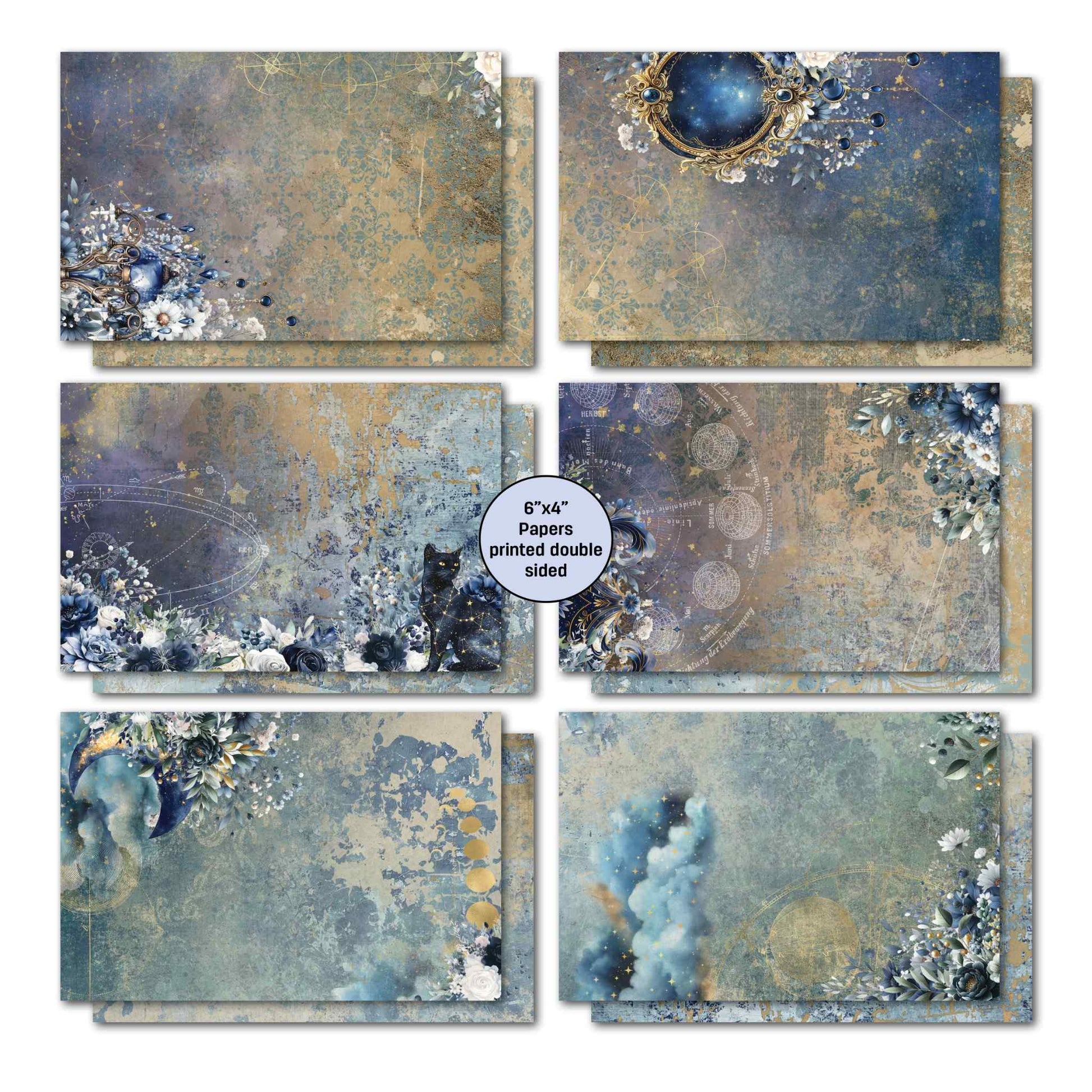 Lunar Horoscopes 6x4 double-sided card papers with crescent moon, black cat, gold orb, floral and constellation designs on blue-gold backgrounds