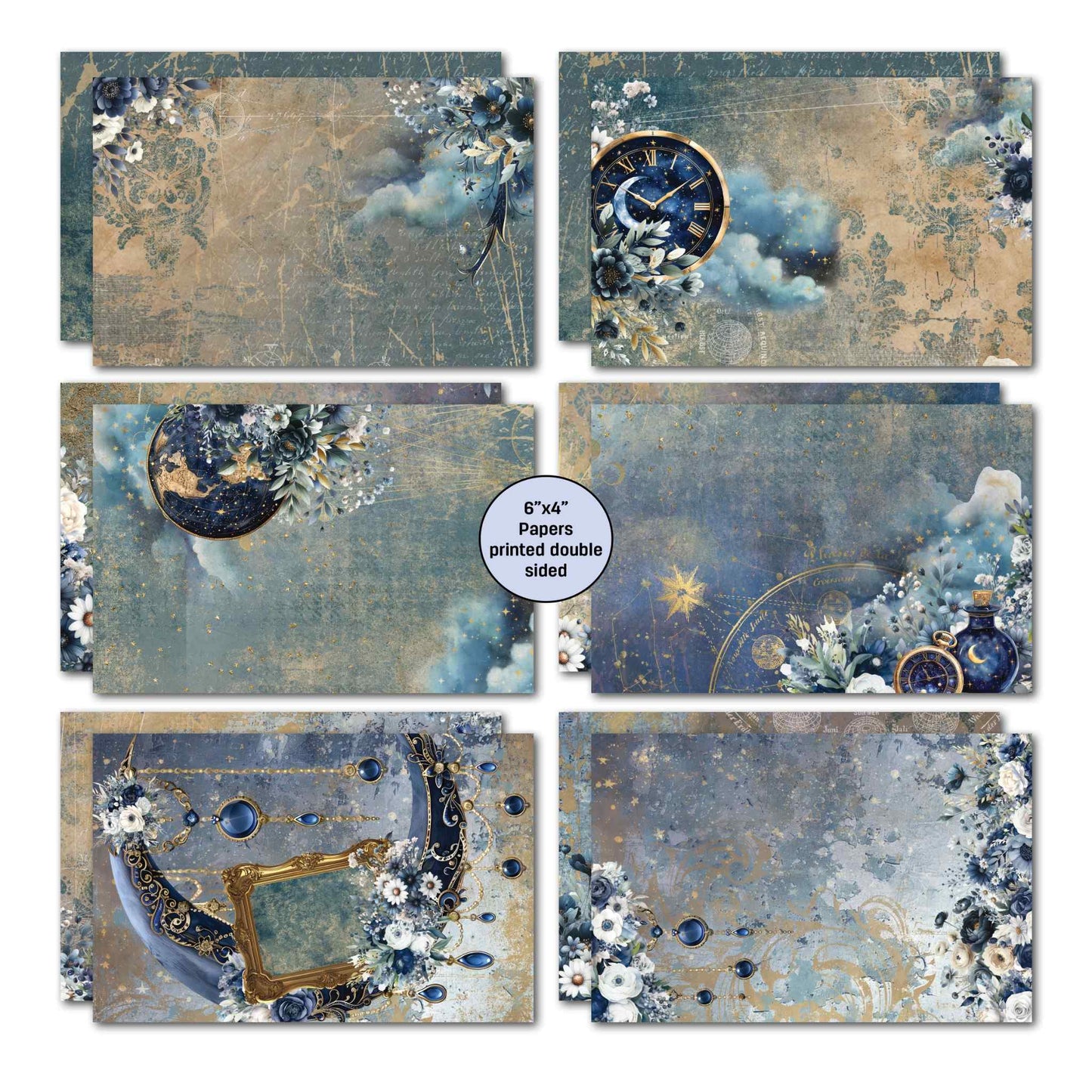 Lunar Horoscopes 6x4 papers showing damask, clock, globe, potion bottle and starfall designs plus sentiment and celestial quote sheets