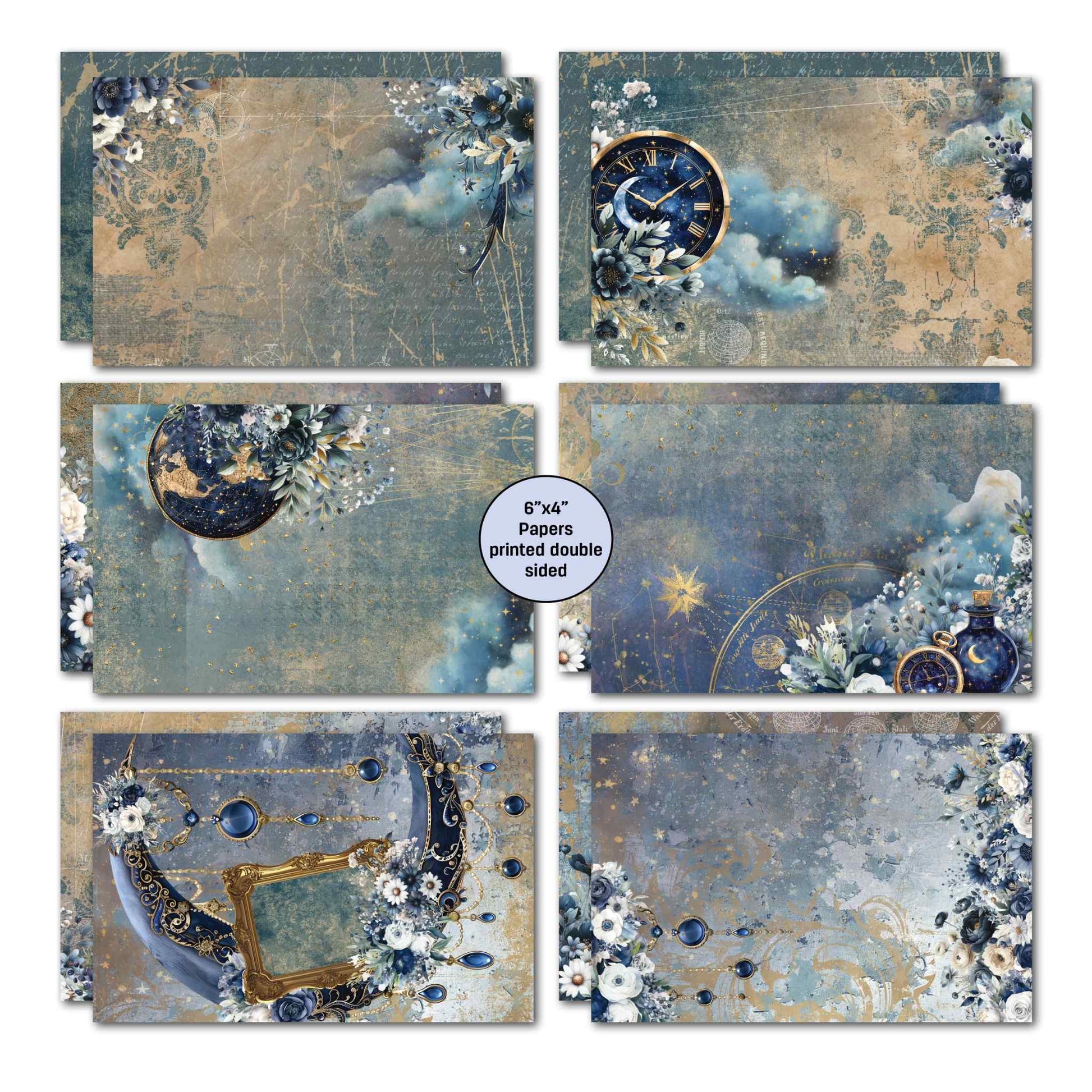 Lunar Horoscopes 6x4 papers showing damask, clock, globe, potion bottle and starfall designs plus sentiment and celestial quote sheets