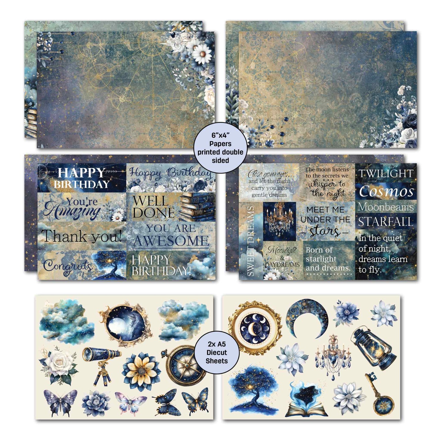Lunar Horoscopes card kit showing ornate crescent moon paper alongside 2 A5 die-cut sheets with moons, telescope, compass, chandelier, lantern and butterflies
