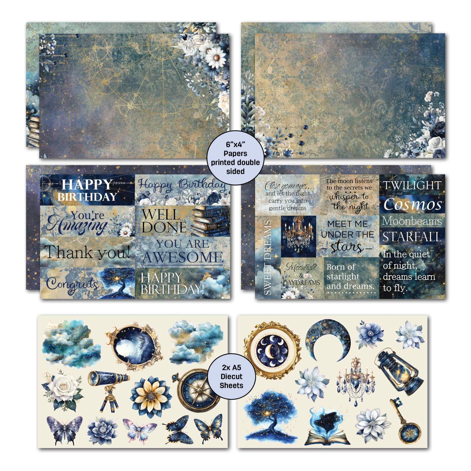 Lunar Horoscopes card kit showing ornate crescent moon paper alongside 2 A5 die-cut sheets with moons, telescope, compass, chandelier, lantern and butterflies
