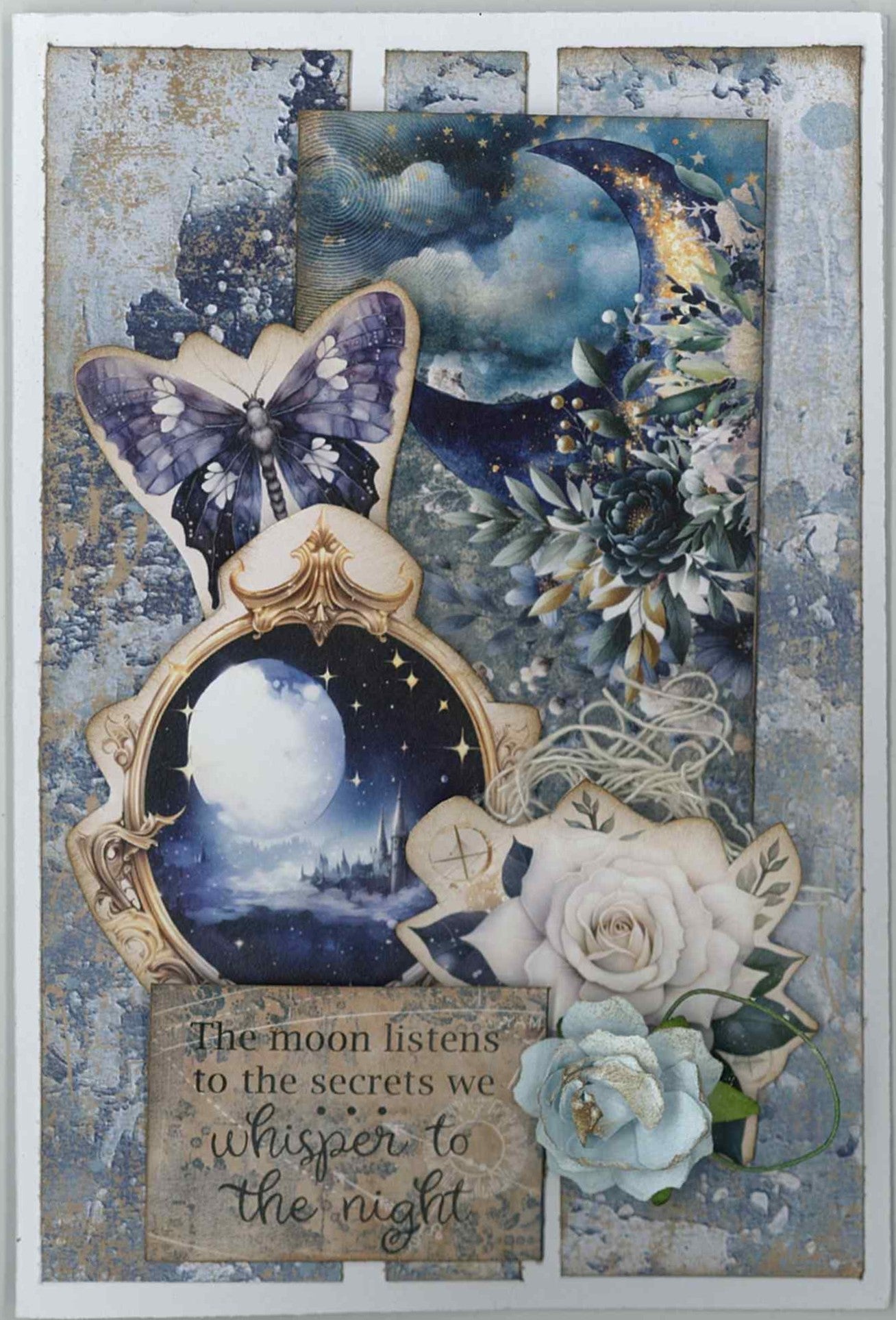 Lunar Horoscopes portrait card with crescent moon, butterfly, ornate frame and The Moon Listens sentiment