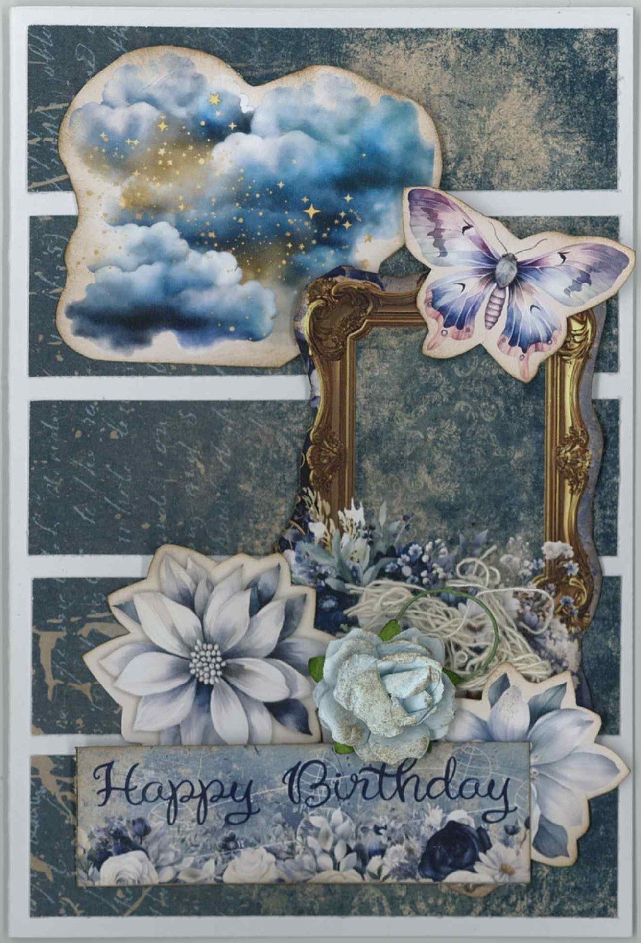 Lunar Horoscopes portrait card with starry clouds, butterfly, gold frame, florals and Happy Birthday sentiment
