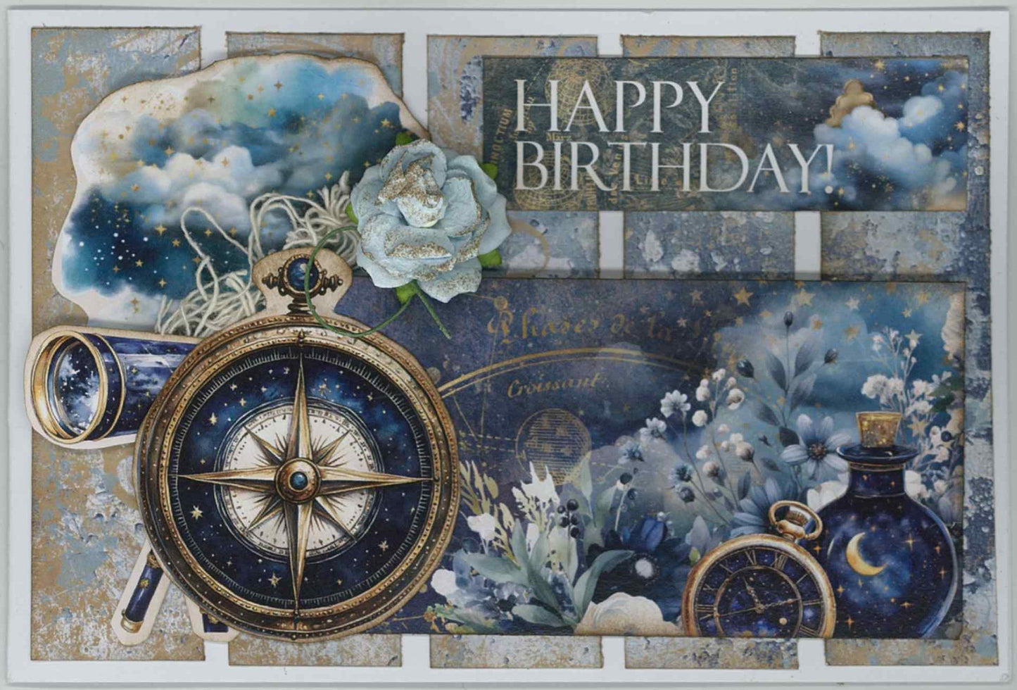 Lunar Horoscopes landscape card with compass, telescope, potion bottle, blue rose and Happy Birthday sentiment