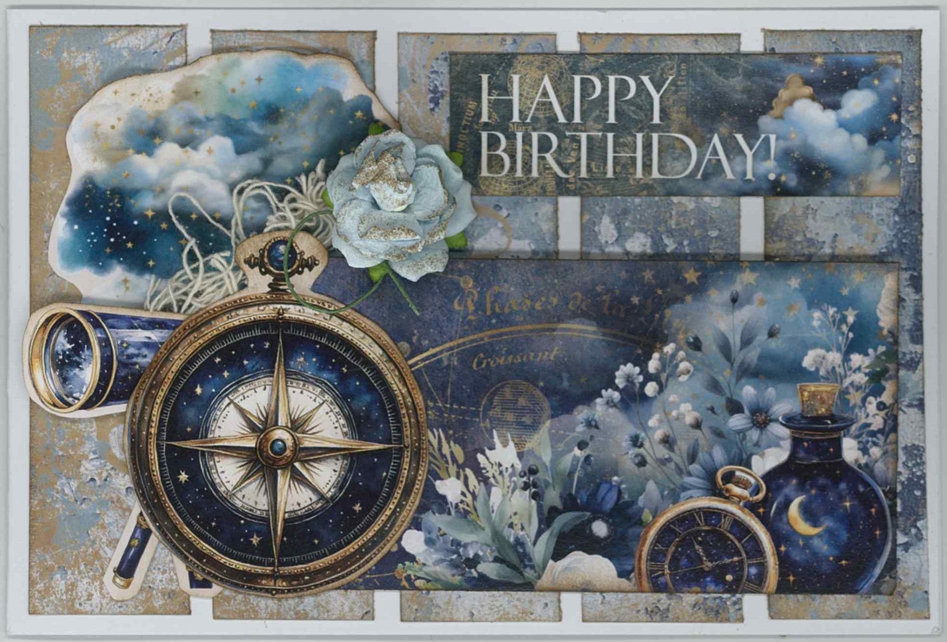 Lunar Horoscopes landscape card with compass, telescope, potion bottle, blue rose and Happy Birthday sentiment