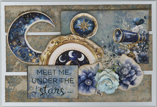 Lunar Horoscopes landscape card with crescent moon, compass, telescope, blue florals and Meet Me Under The Stars sentiment