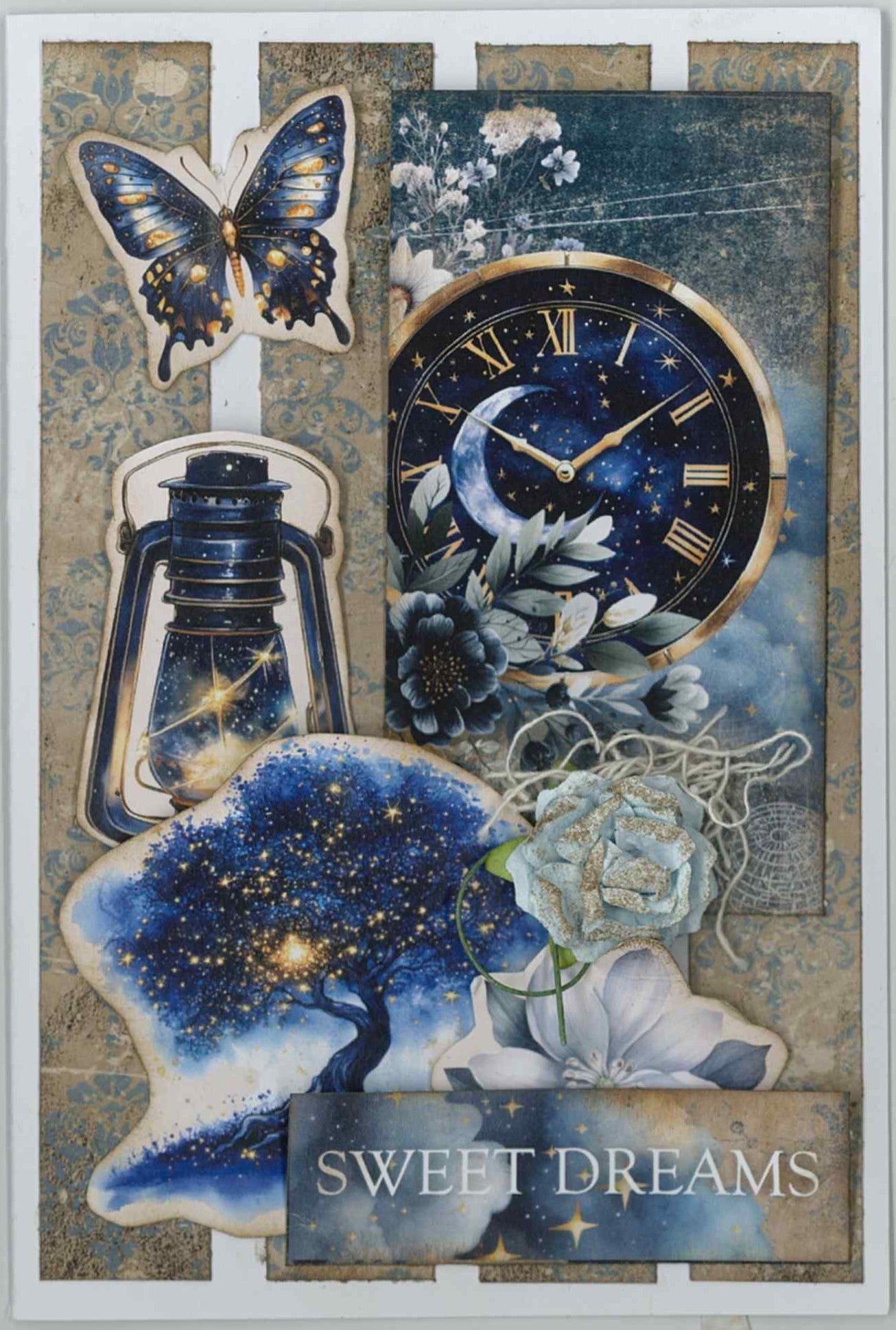 Lunar Horoscopes portrait card with lantern, starry tree, clock face, butterfly and Sweet Dreams sentiment