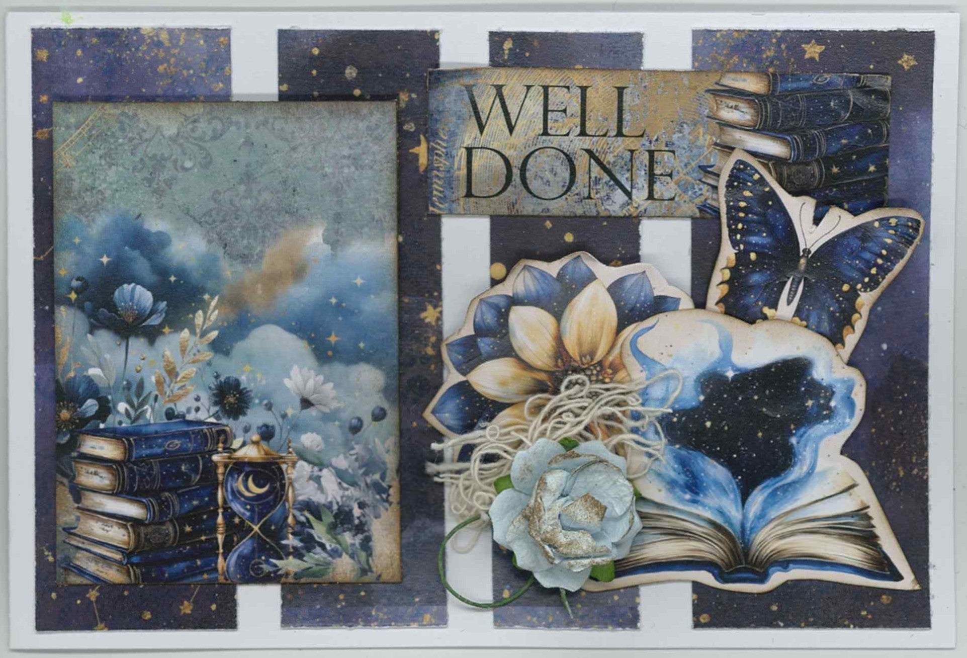 Lunar Horoscopes landscape card with stacked books, open book, lotus flower, butterfly and Well Done sentiment