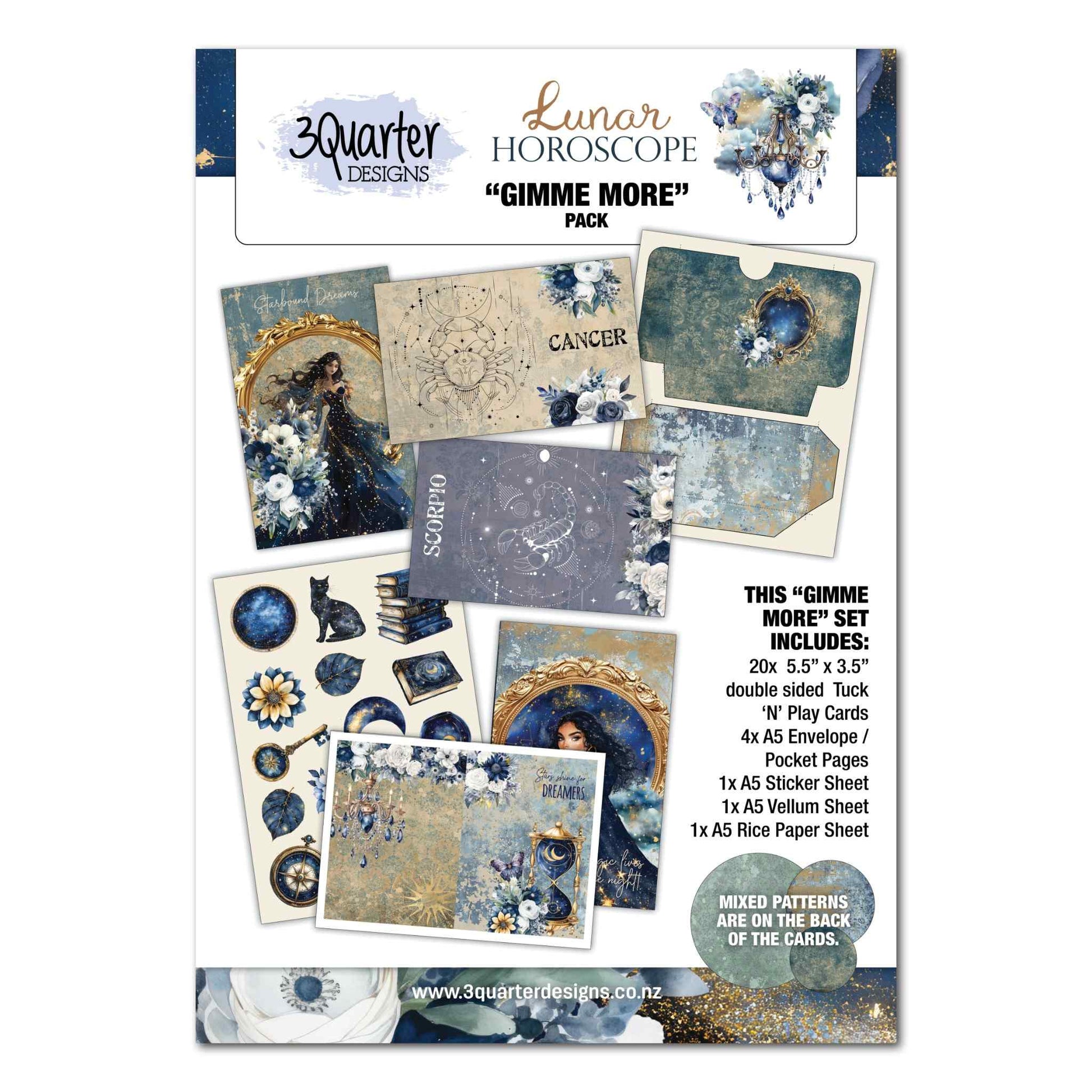 Lunar Horoscopes Gimme More Pack cover showing Tuck N Play cards, zodiac designs, pocket pages and sticker sheet in blue and gold