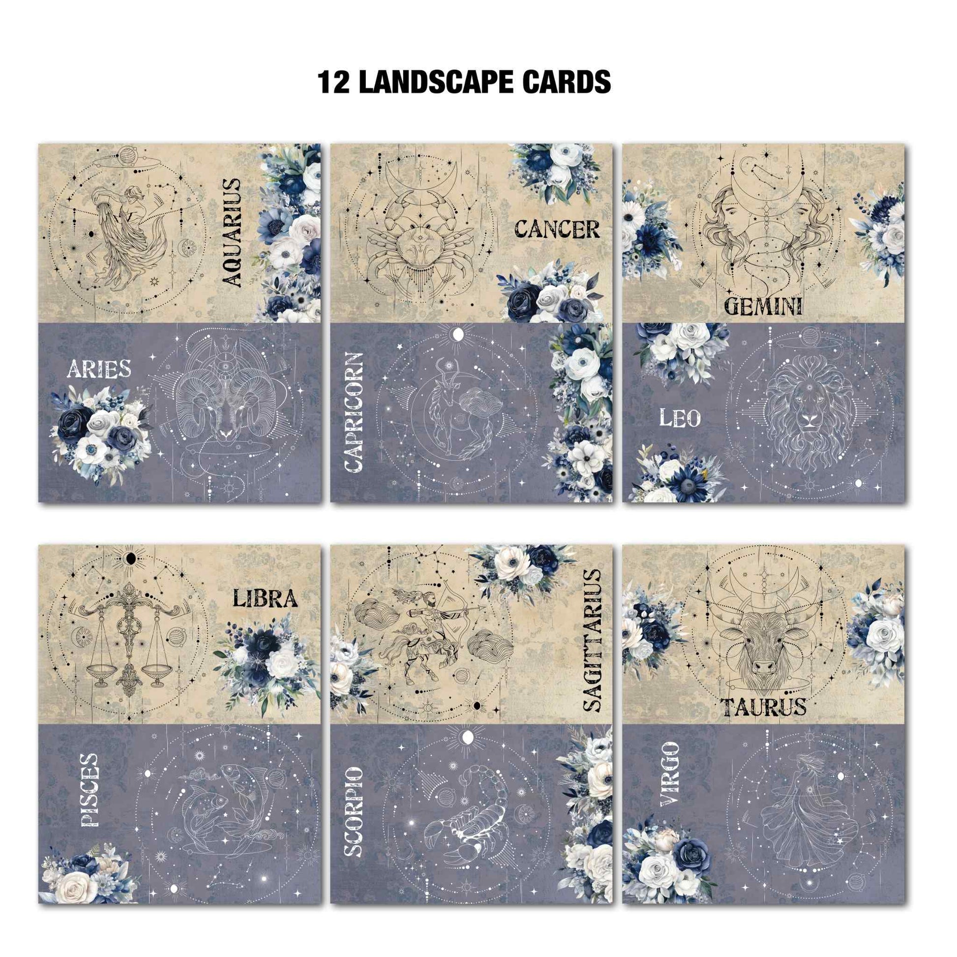 Lunar Horoscopes 12 landscape Tuck N Play cards showing all 12 zodiac signs with constellation art and blue floral designs