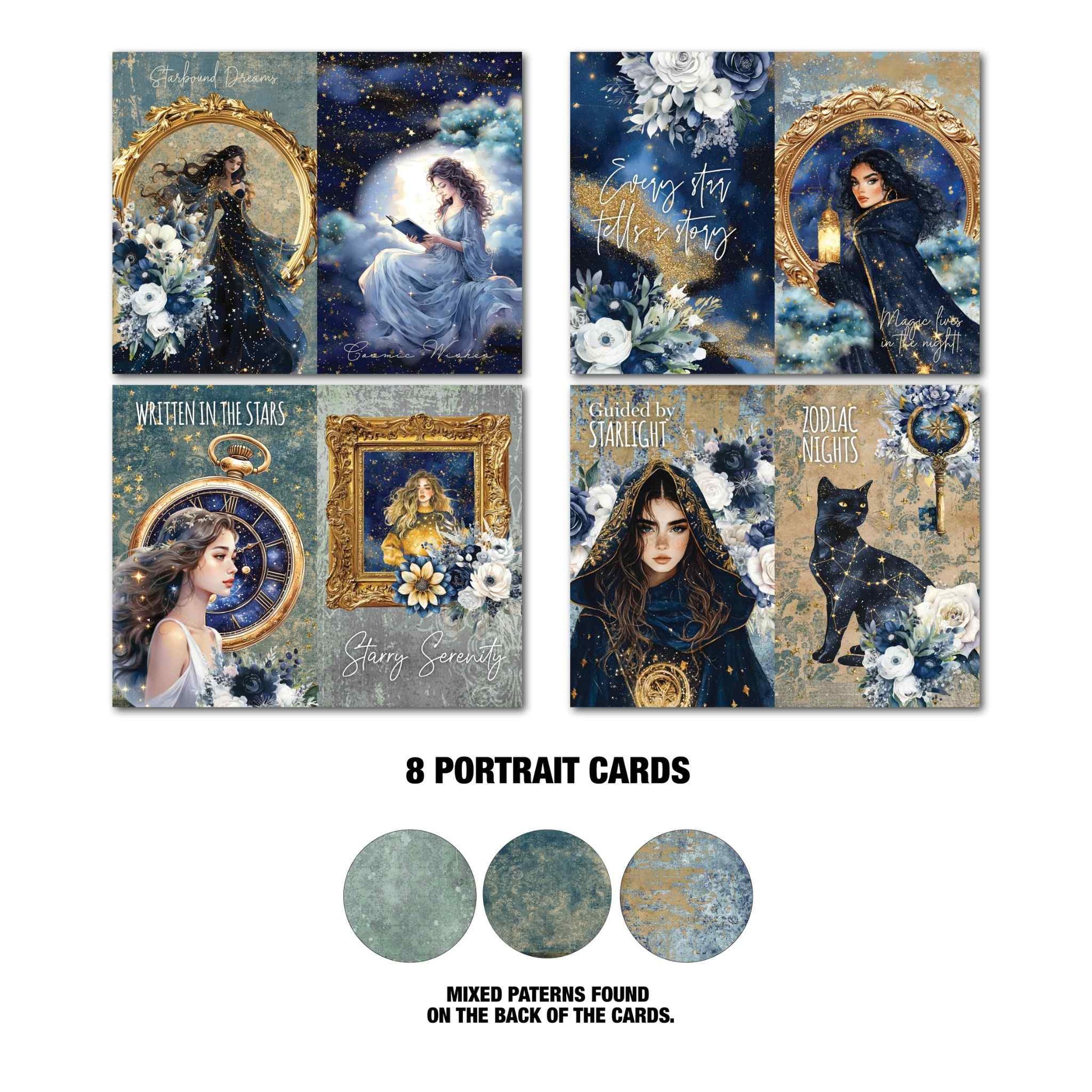 Lunar Horoscopes 8 portrait Tuck N Play cards with celestial women, black cat, gold frames and Starbound Dreams and Zodiac Nights sentiments
